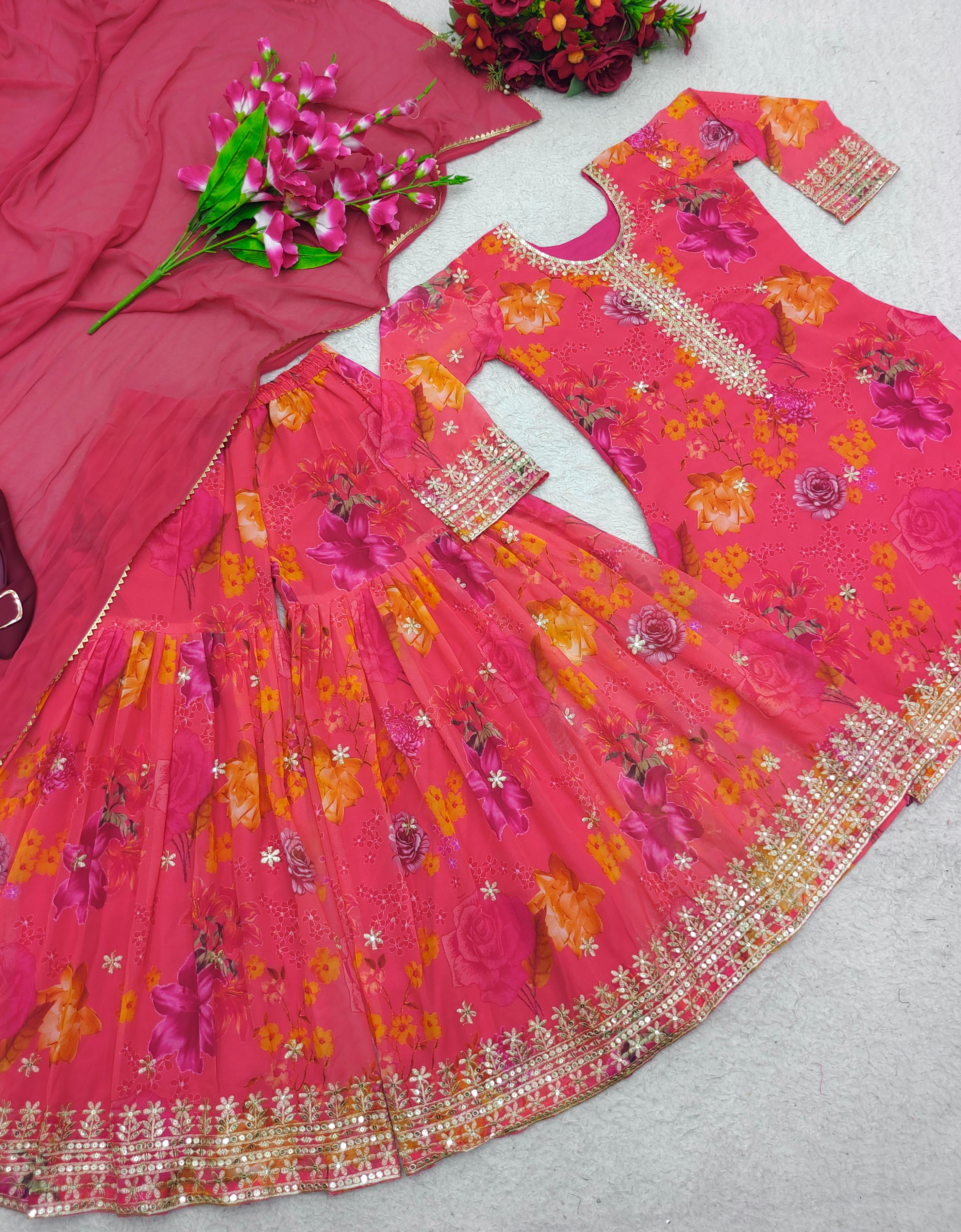 Admiring Sequence Work Printed Pink Color Sharara Suit