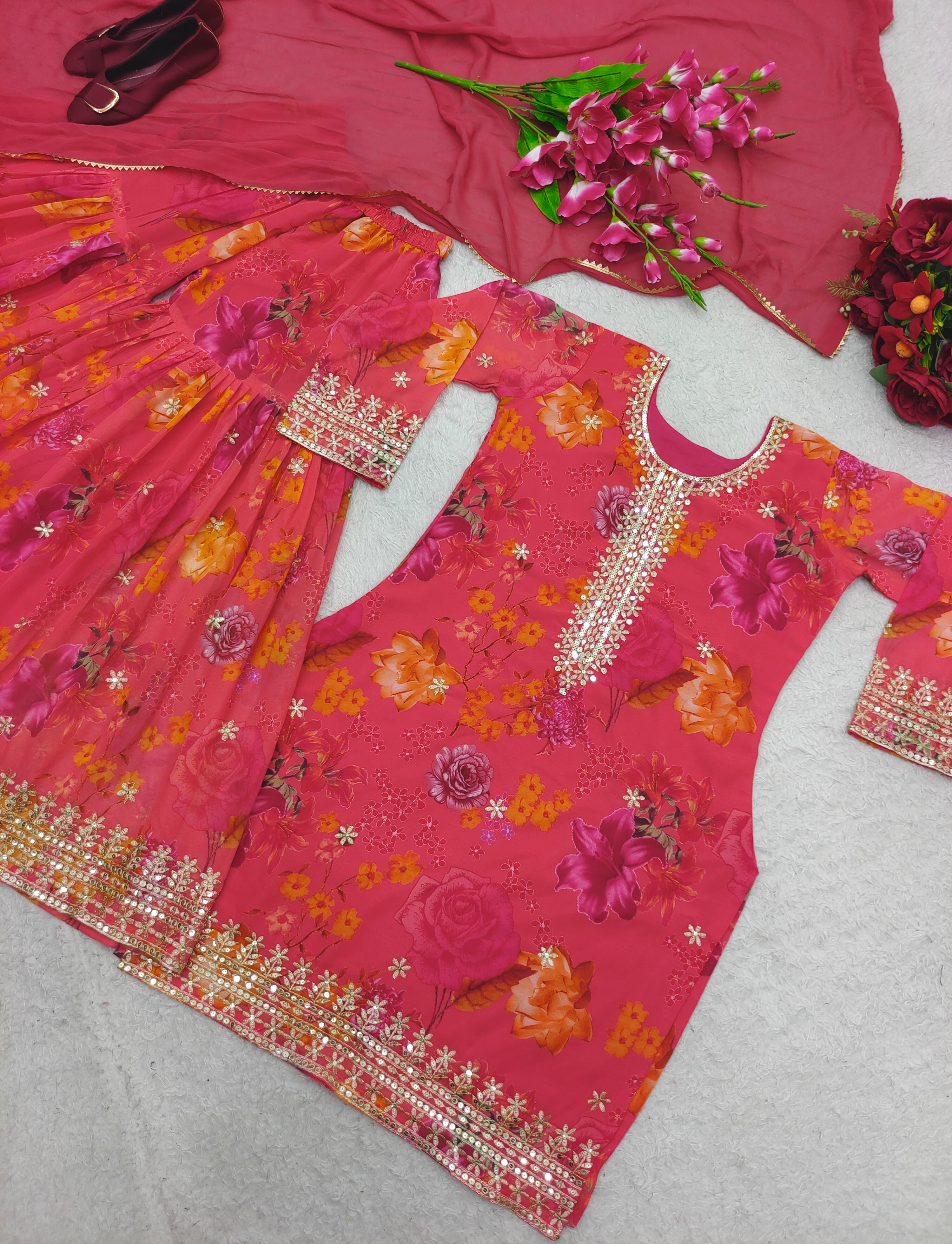 Admiring Sequence Work Printed Pink Color Sharara Suit