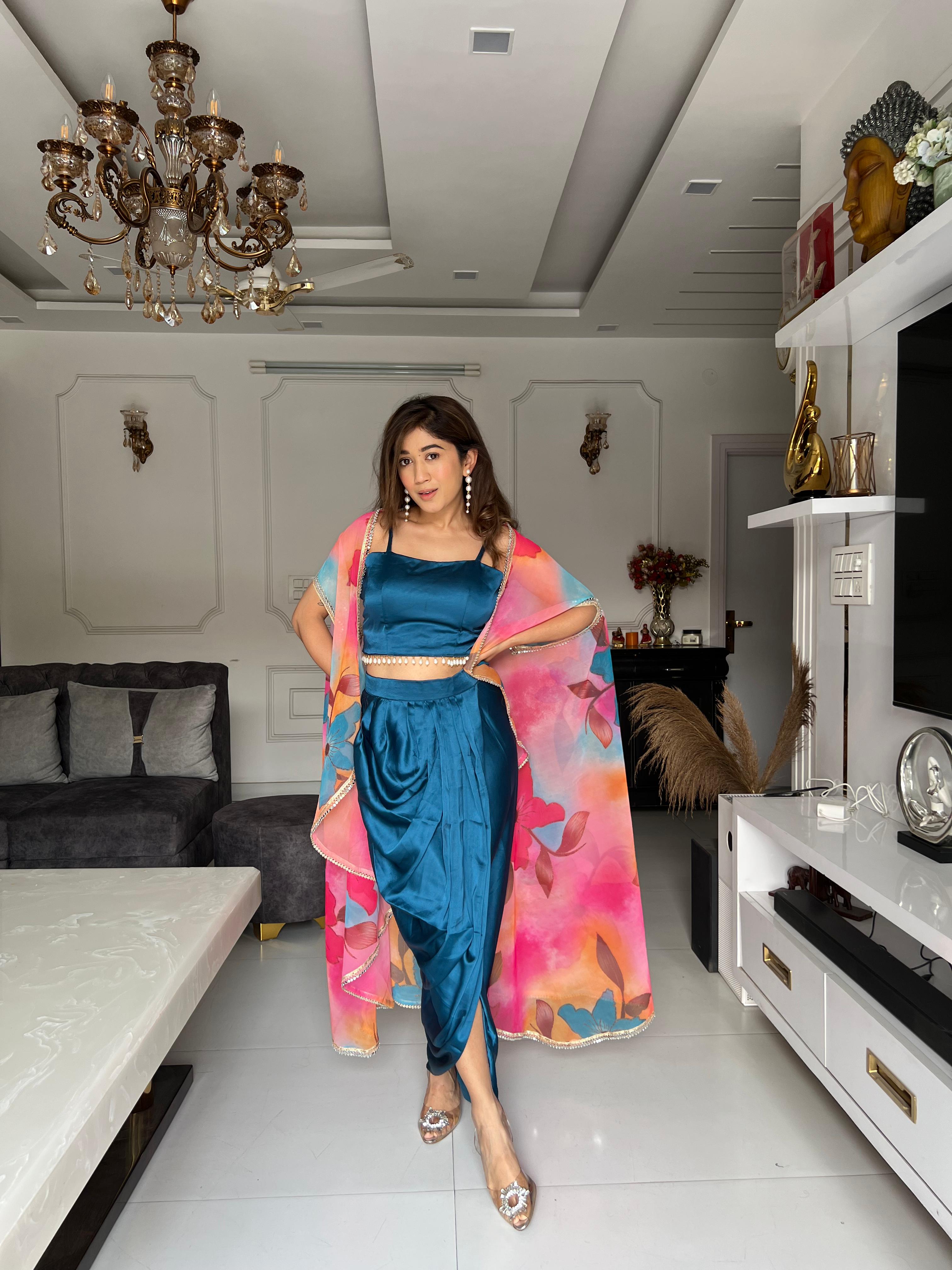 Fashionable Teal Color Dhoti Top With Multi Print Shrug