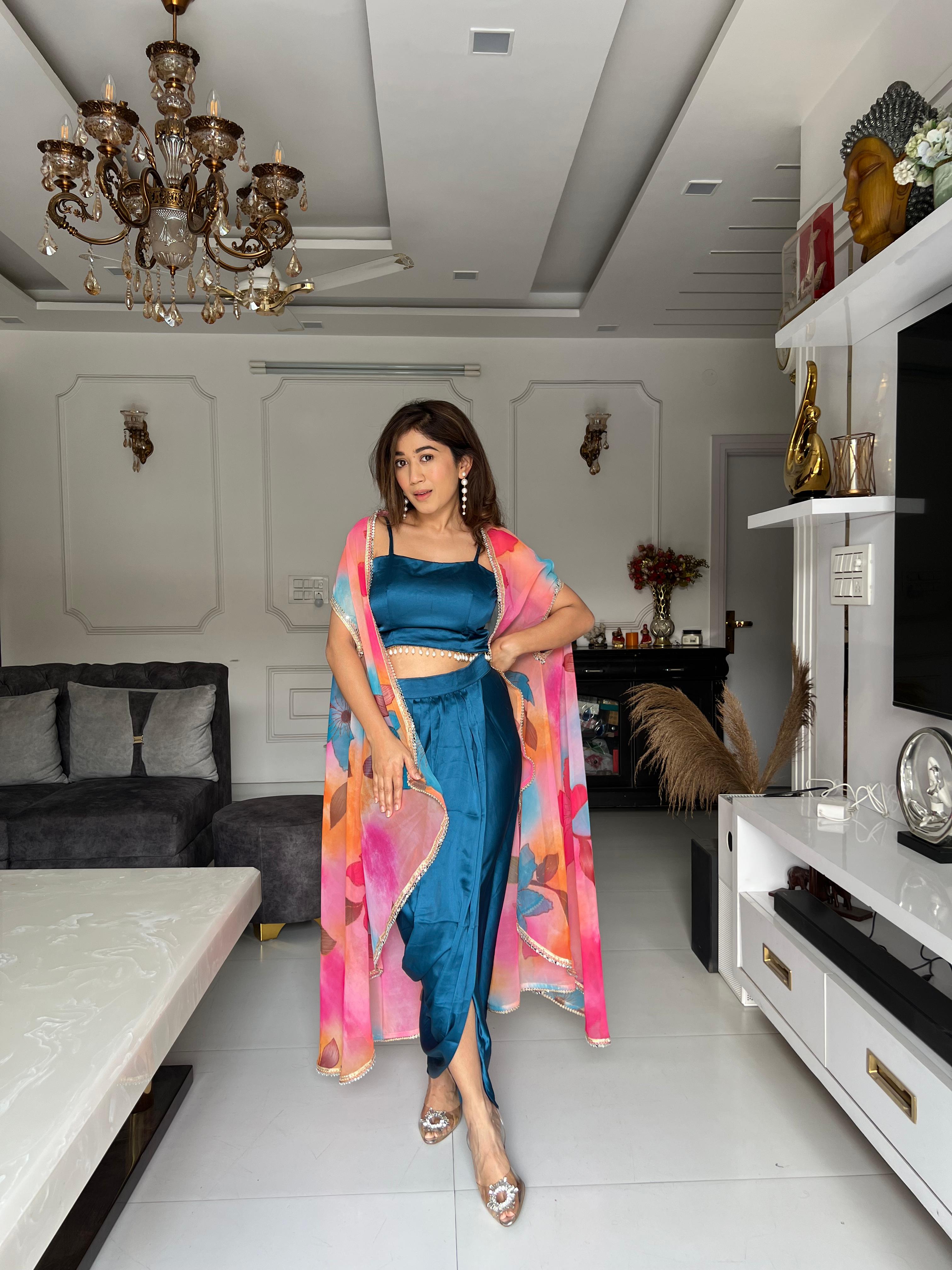 Fashionable Teal Color Dhoti Top With Multi Print Shrug