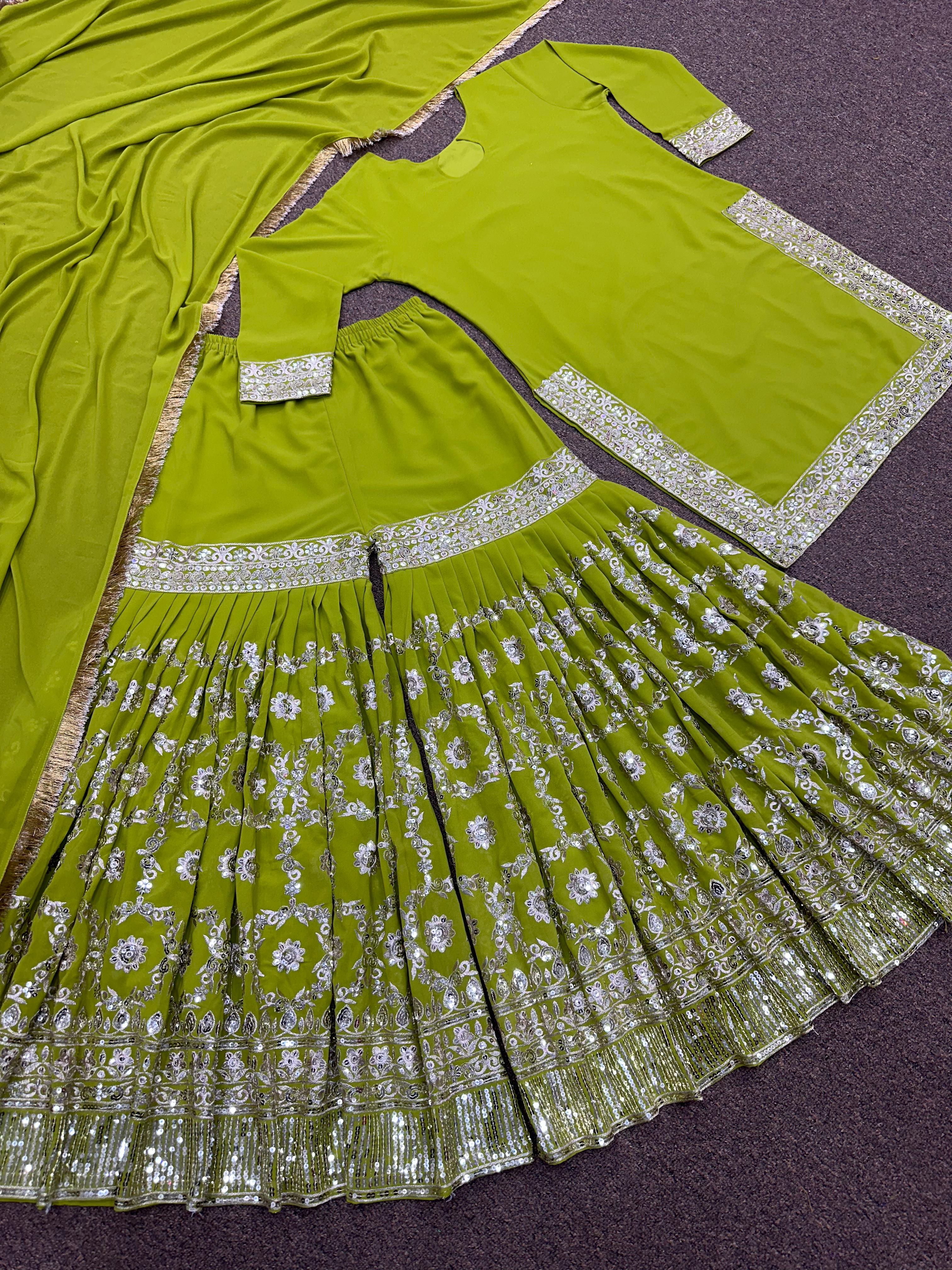 Admiring Embroidery Work Parrot Green Sharara Suit