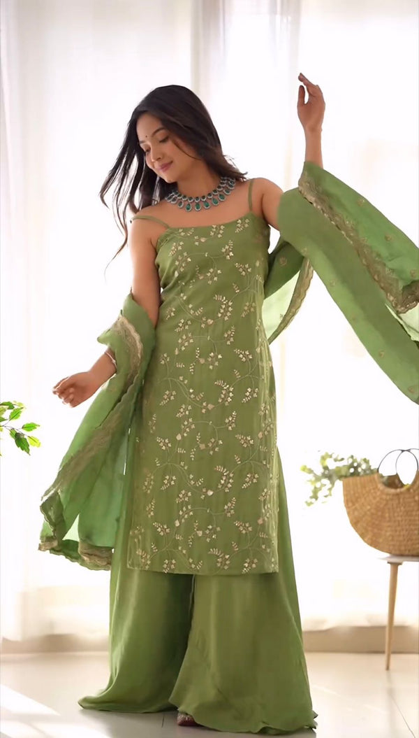 Glimmering Light Green Embroidered Work Sharara Suit