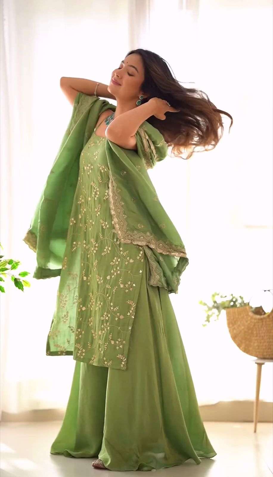 Glimmering Light Green Embroidered Work Sharara Suit