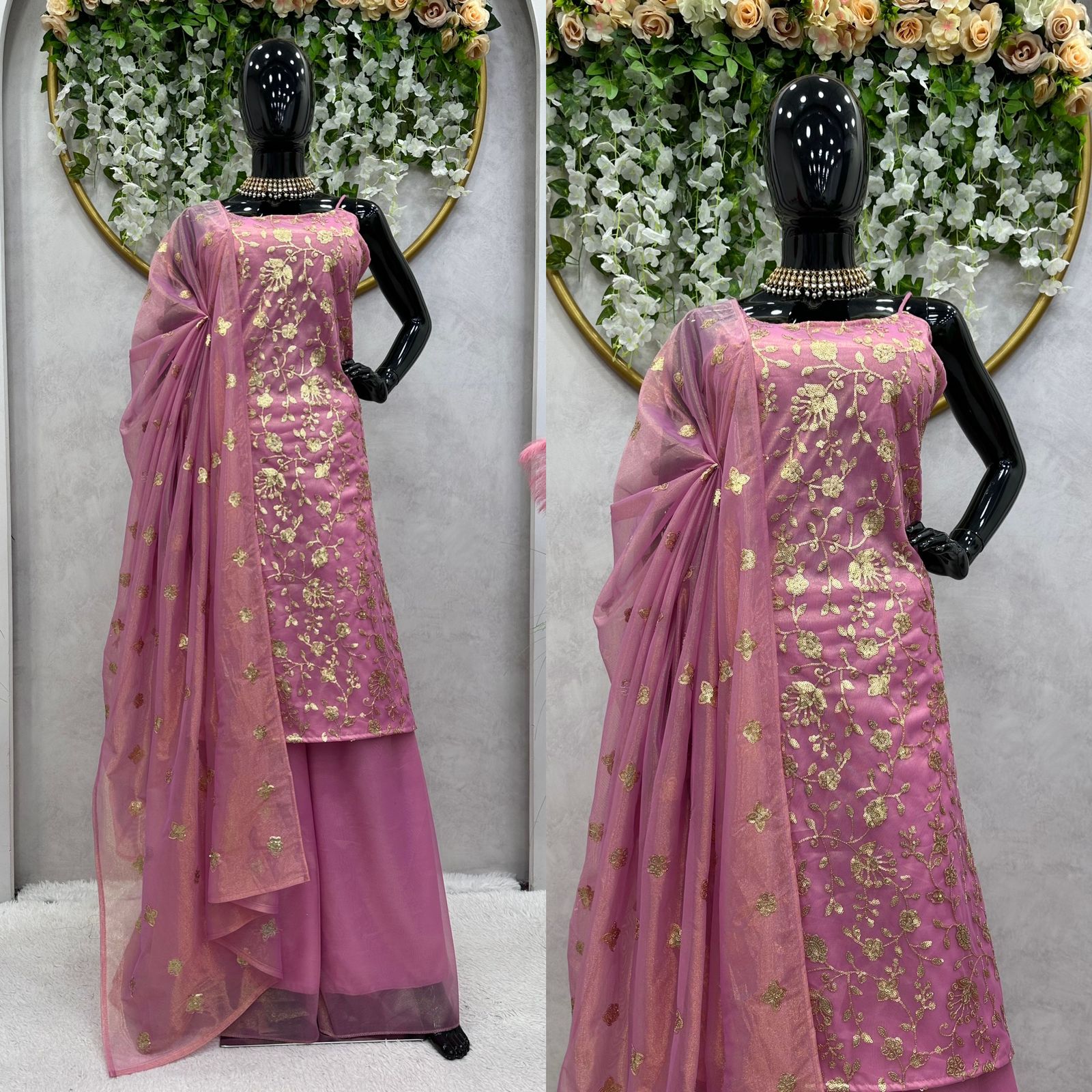 Glimmering Dusty Pink Embroidered Work Sharara Suit