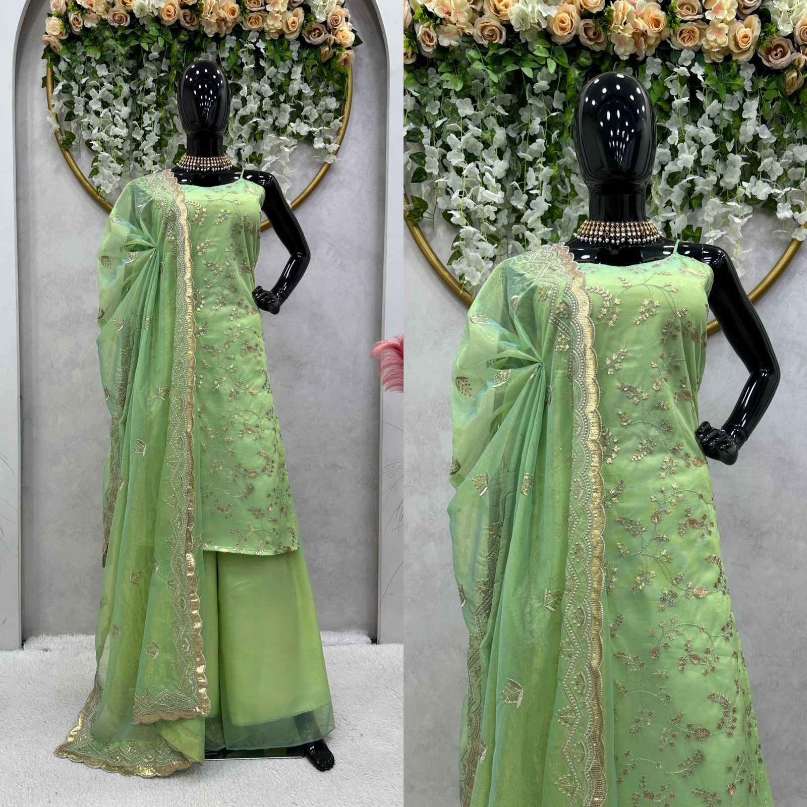 Glimmering Light Green Embroidered Work Sharara Suit