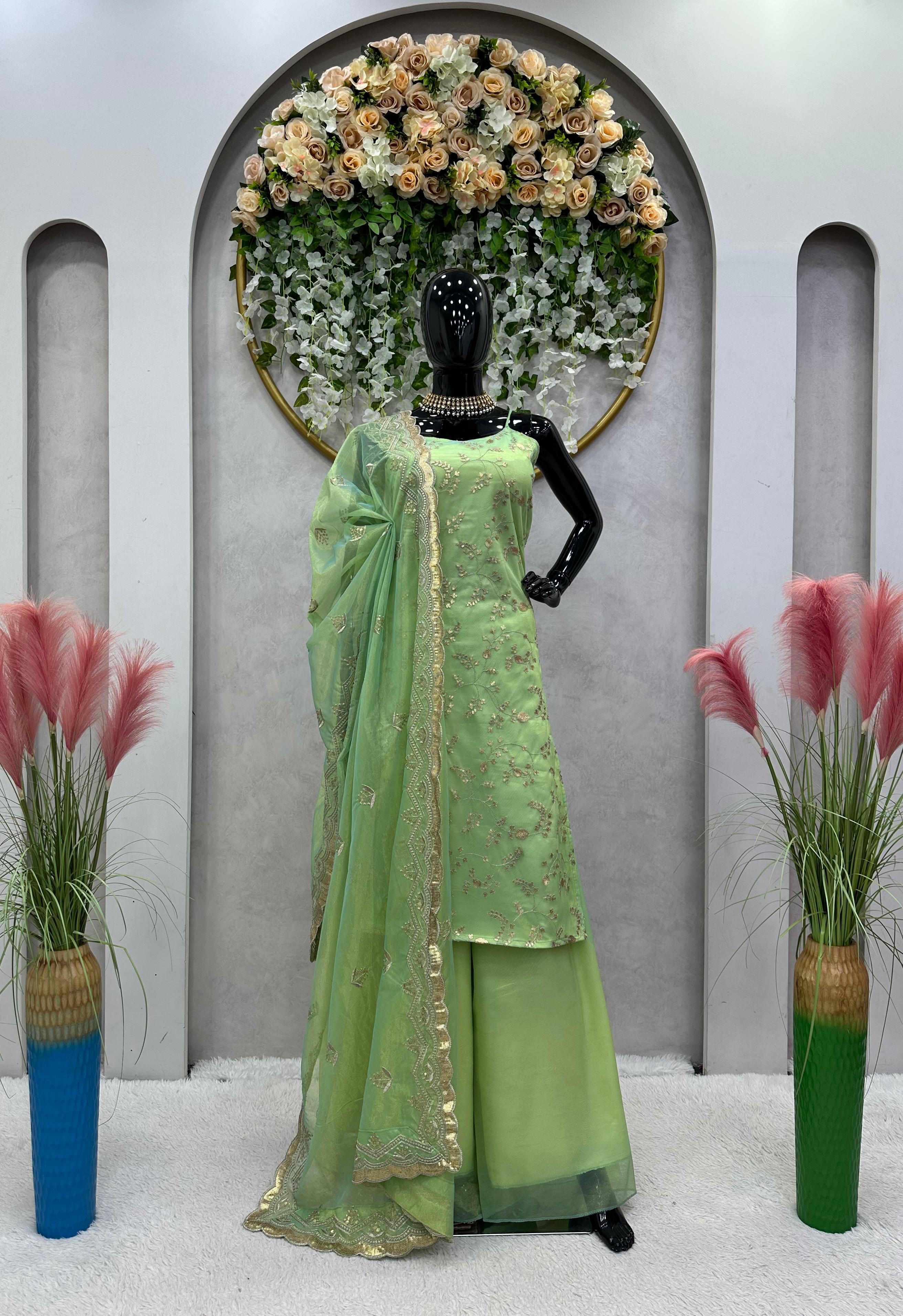 Glimmering Light Green Embroidered Work Sharara Suit