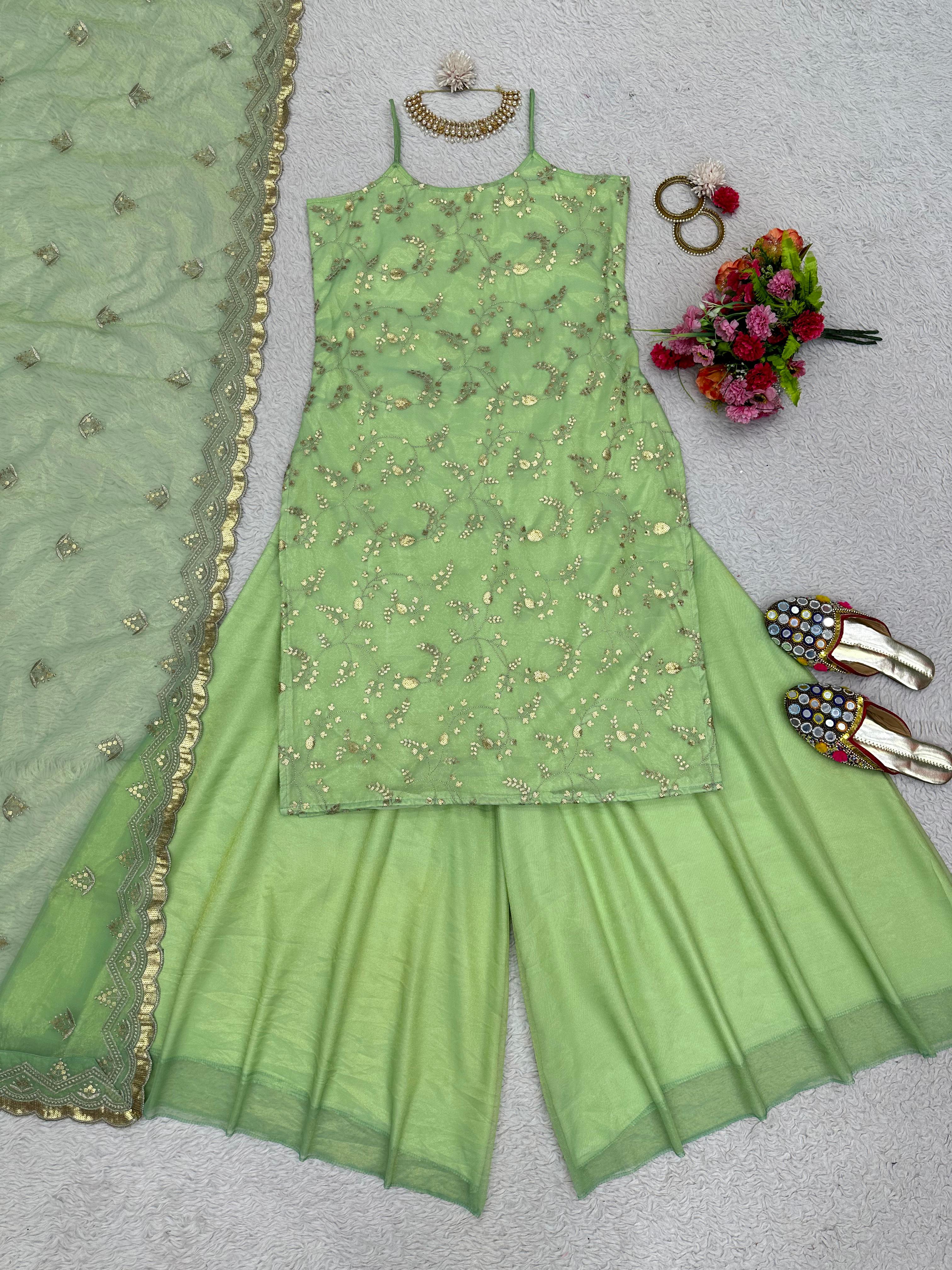 Glimmering Light Green Embroidered Work Sharara Suit