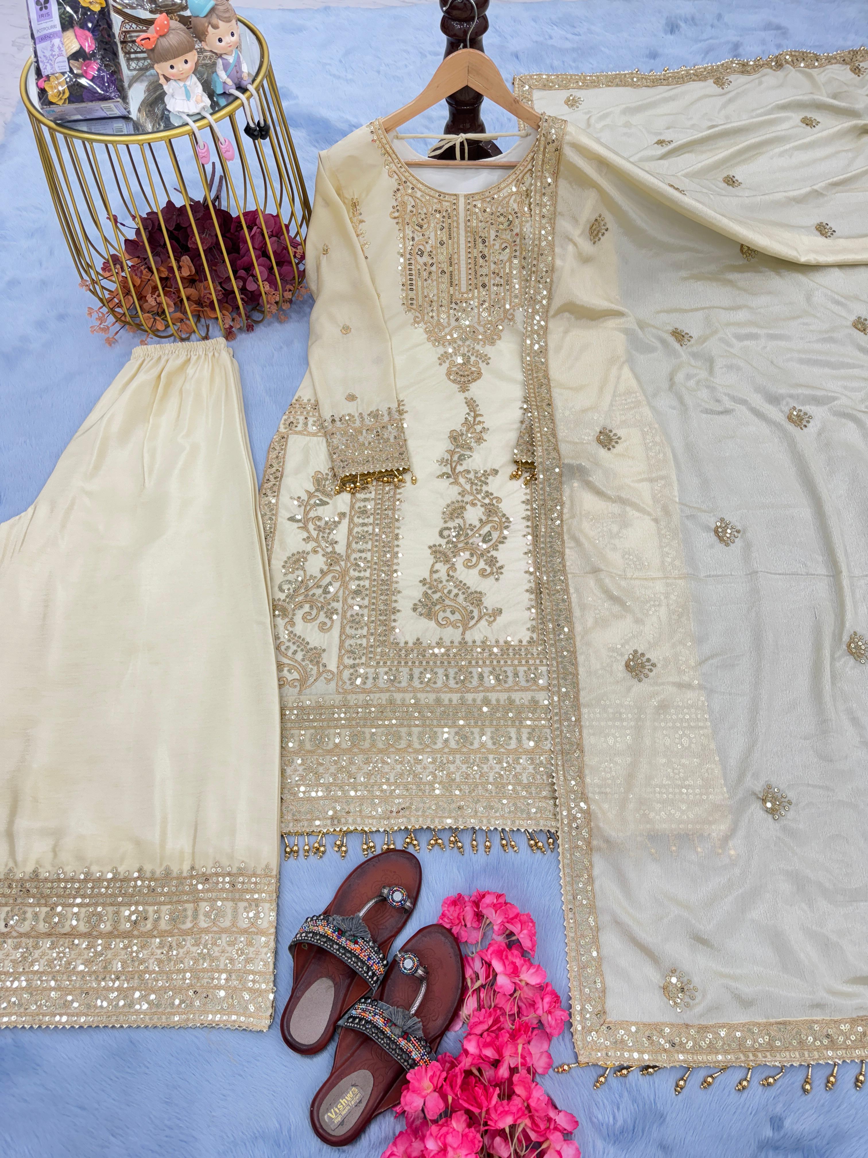 Fabulous White Color Heavy Embroidery Work Sharara Suit