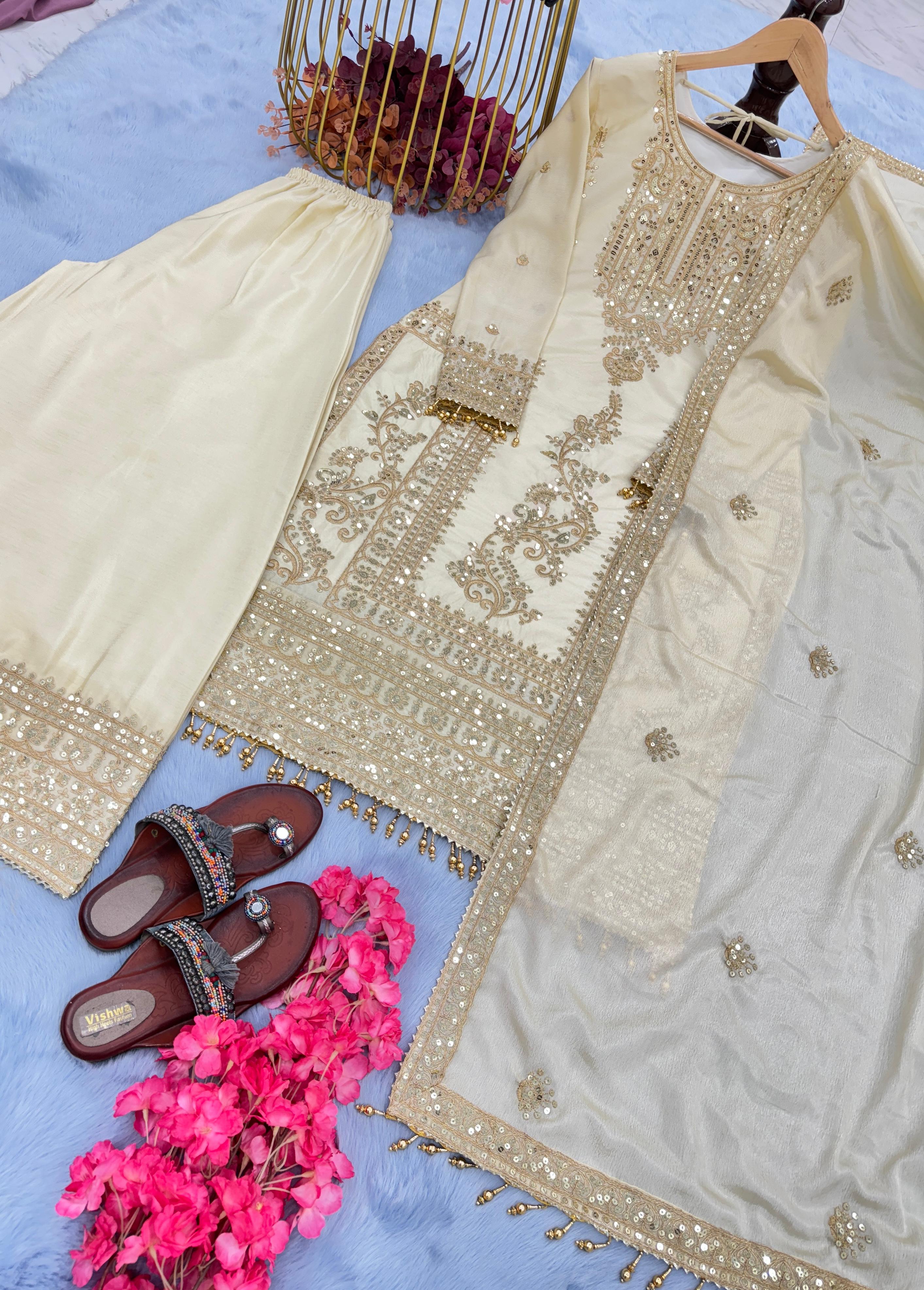 Fabulous White Color Heavy Embroidery Work Sharara Suit