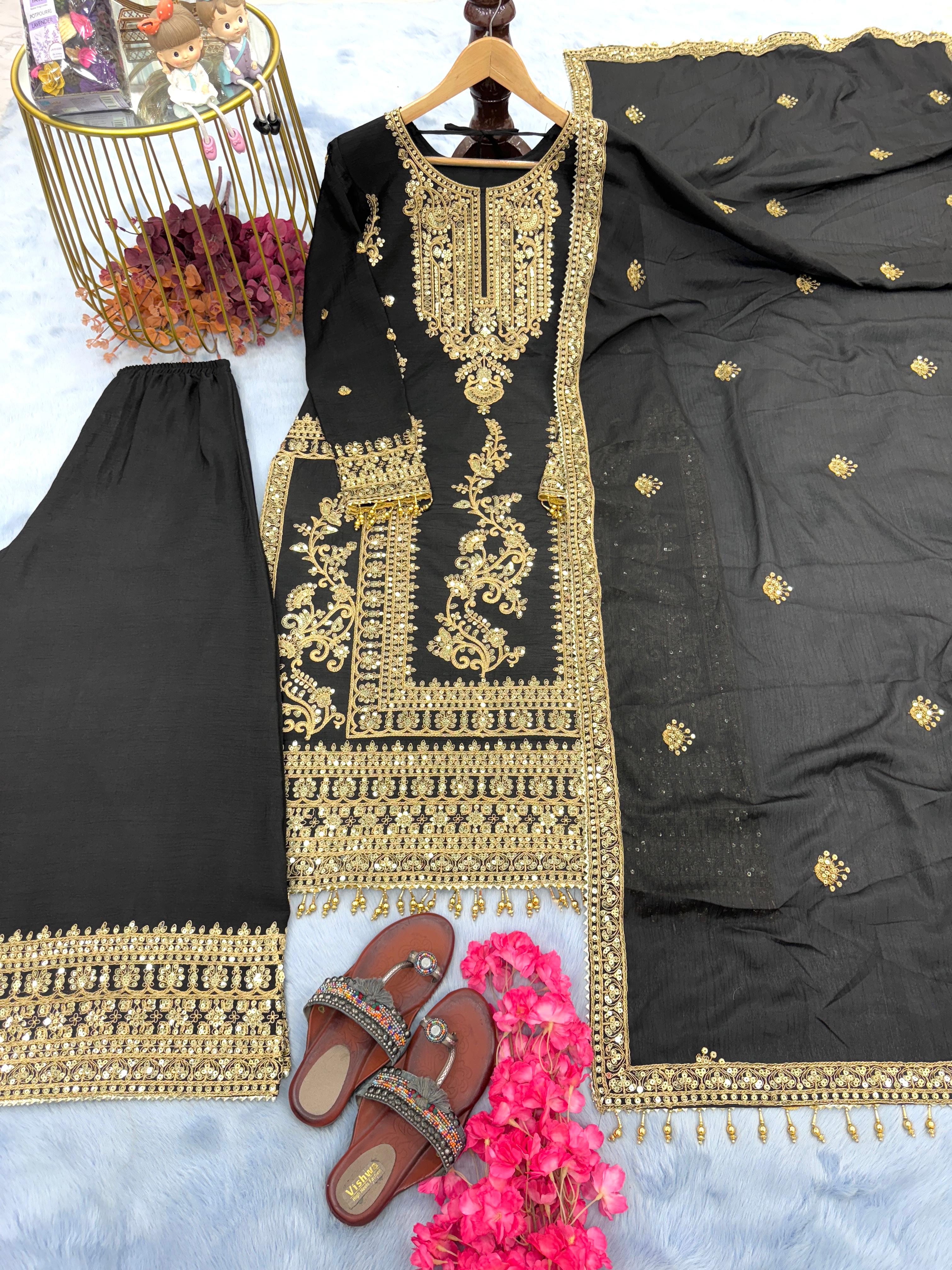 Fabulous Black Color Heavy Embroidery Work Sharara Suit