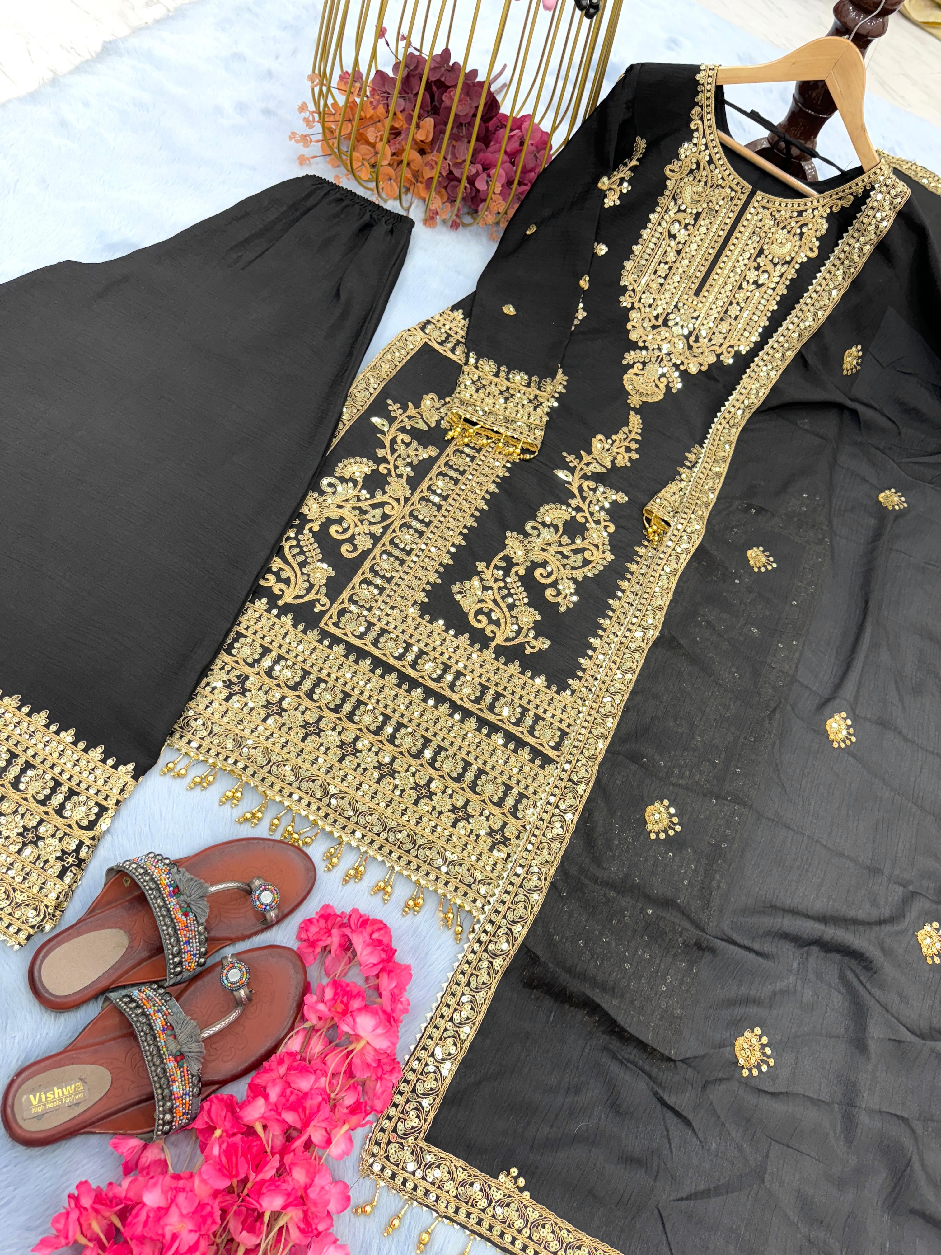 Fabulous Black Color Heavy Embroidery Work Sharara Suit