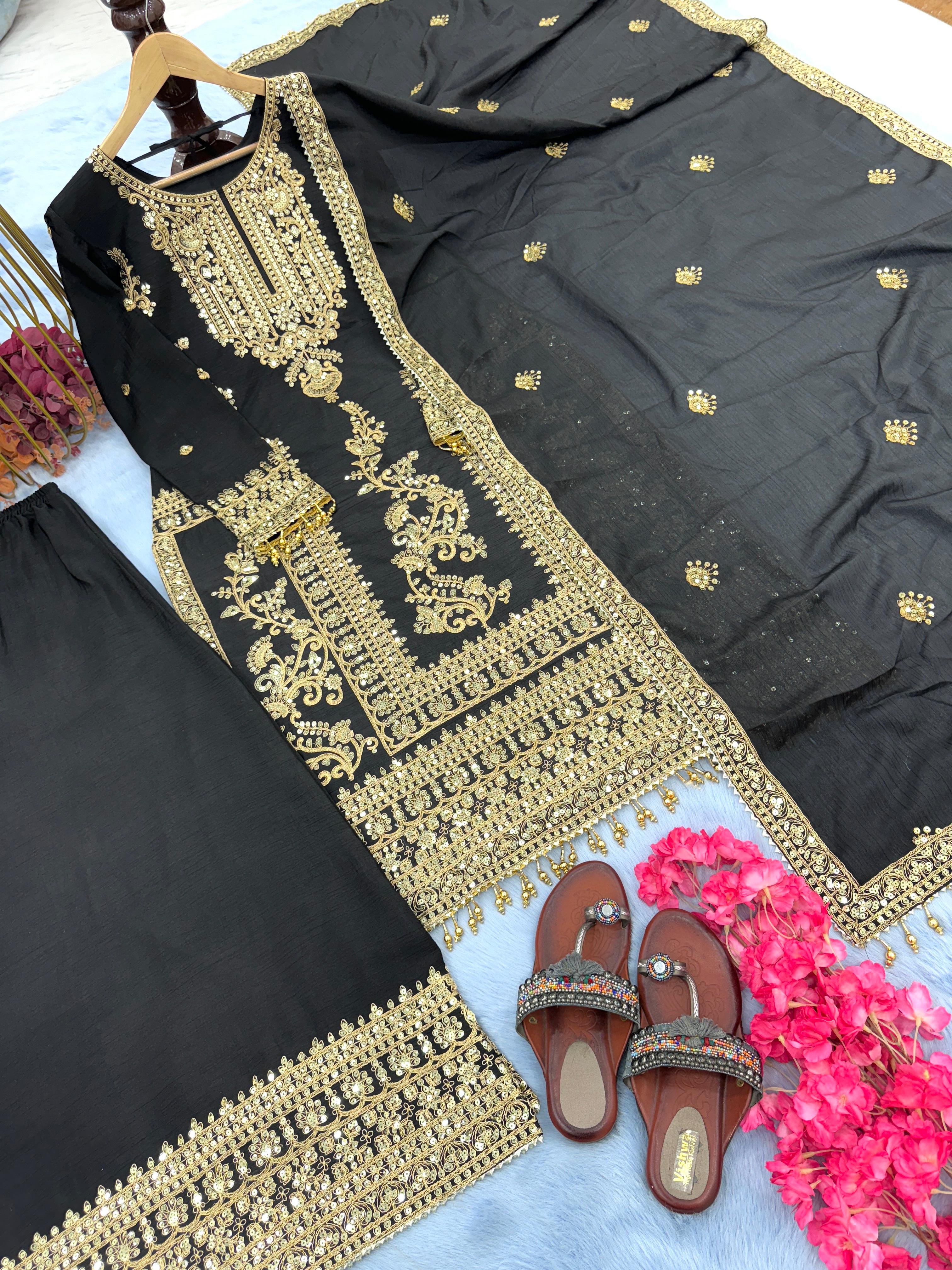 Fabulous Black Color Heavy Embroidery Work Sharara Suit