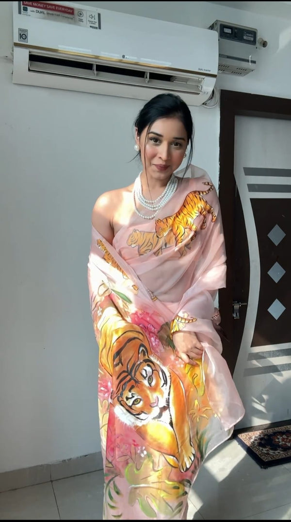 Light Pink Ready To Wear Printed Organza Saree