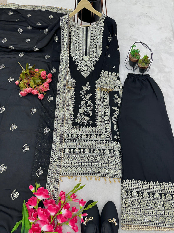 Awesome Black Color Embroidery Work Palazzo Suit