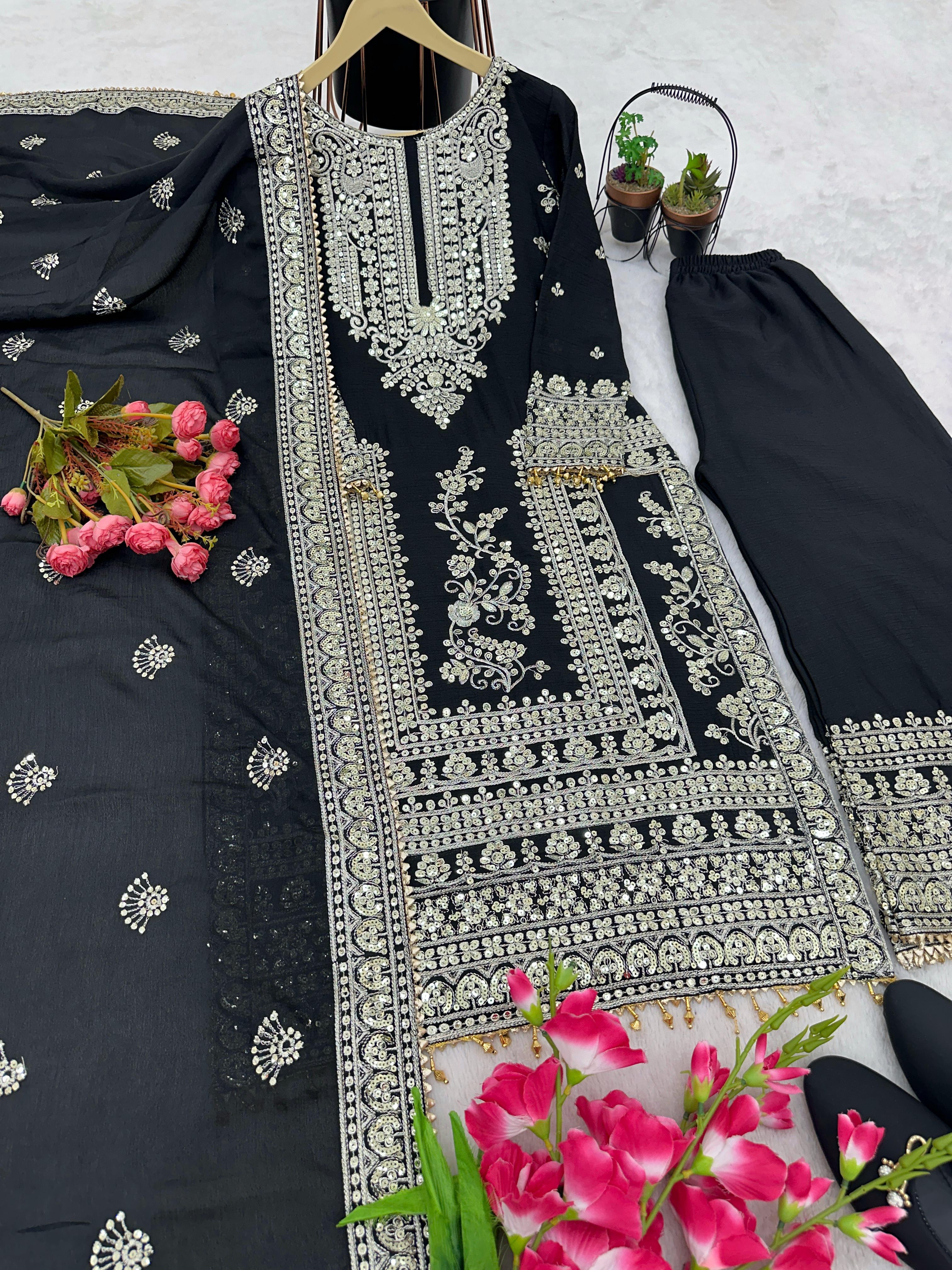 Awesome Black Color Embroidery Work Palazzo Suit