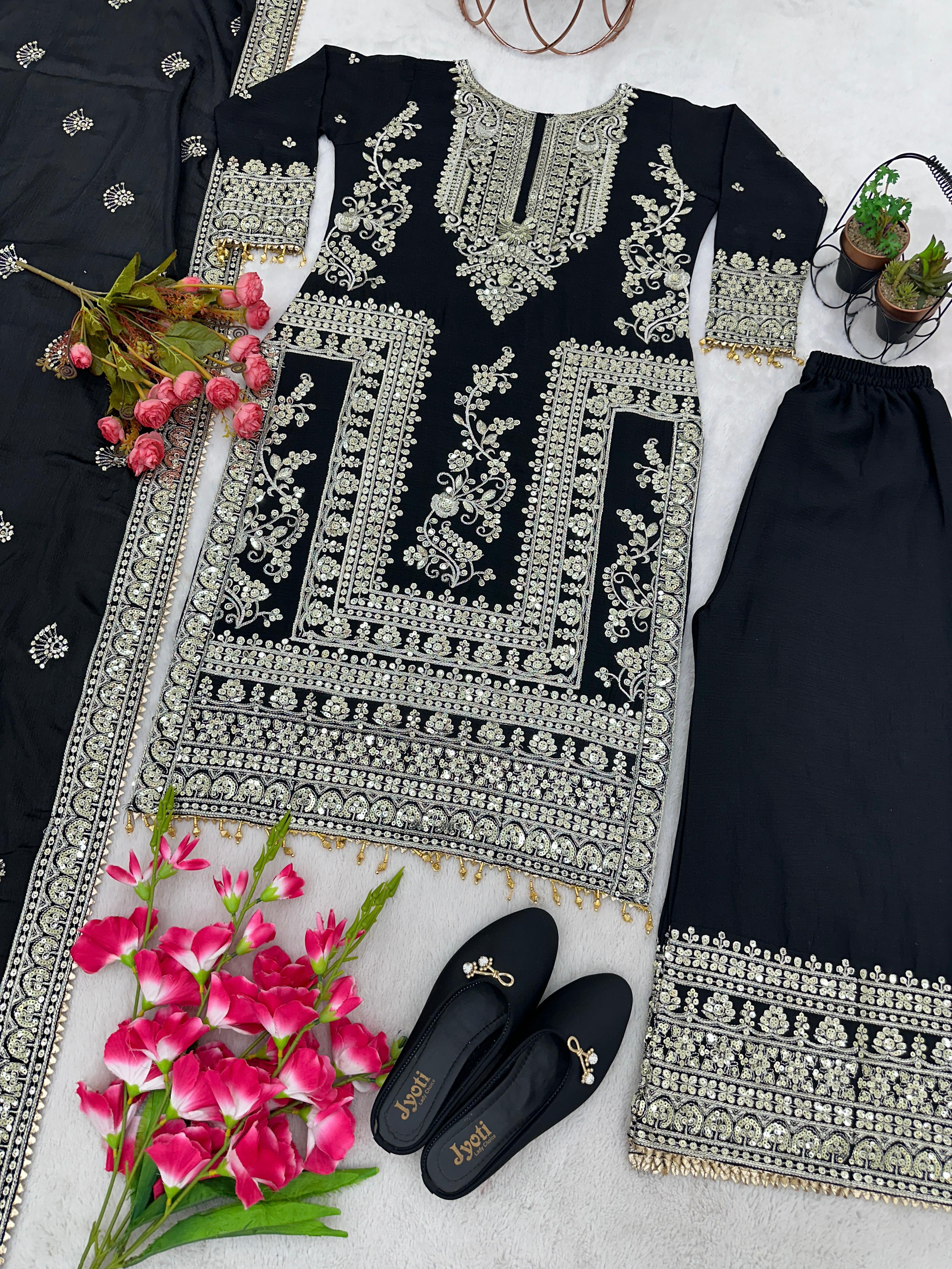 Awesome Black Color Embroidery Work Palazzo Suit