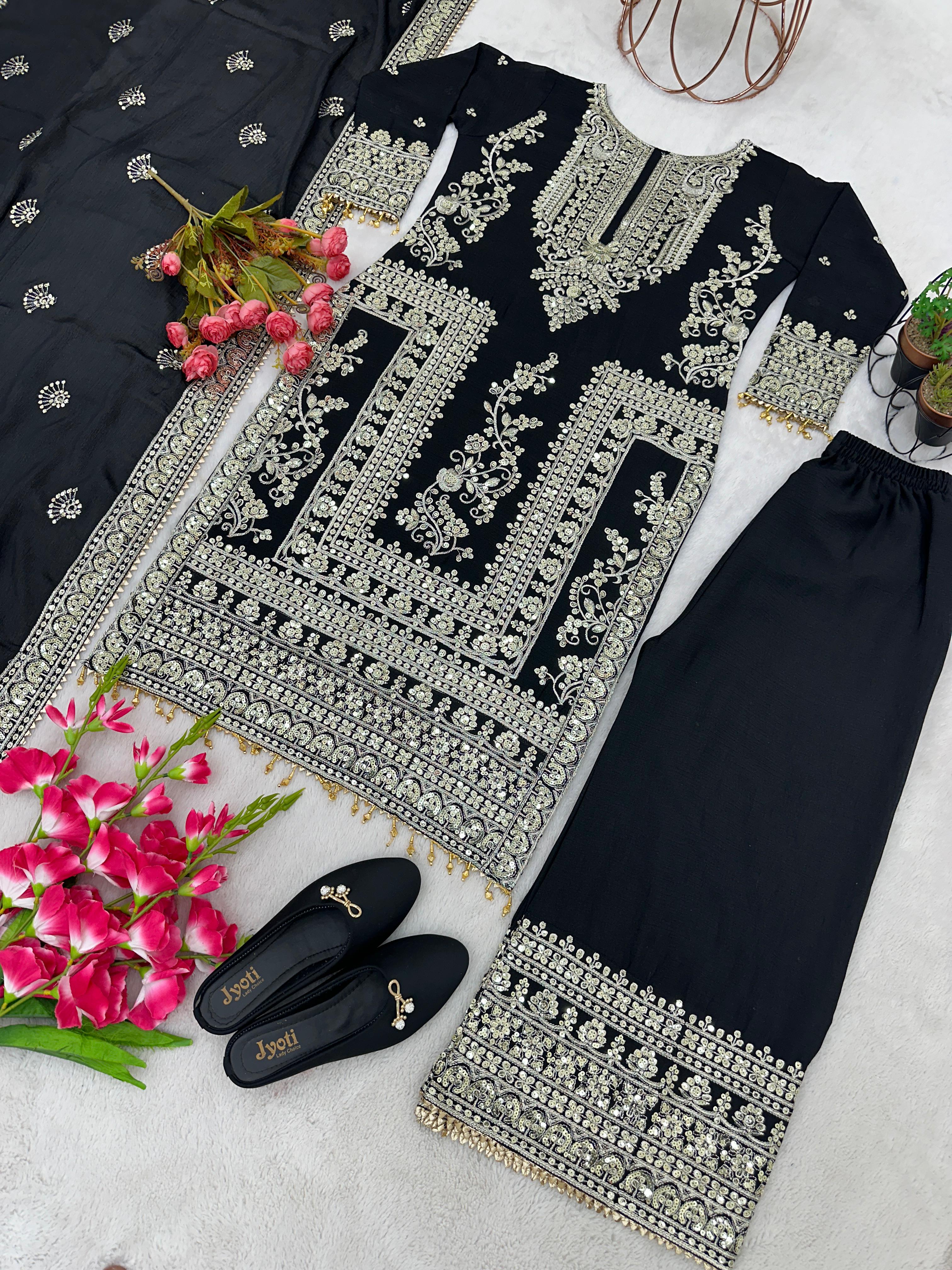 Awesome Black Color Embroidery Work Palazzo Suit