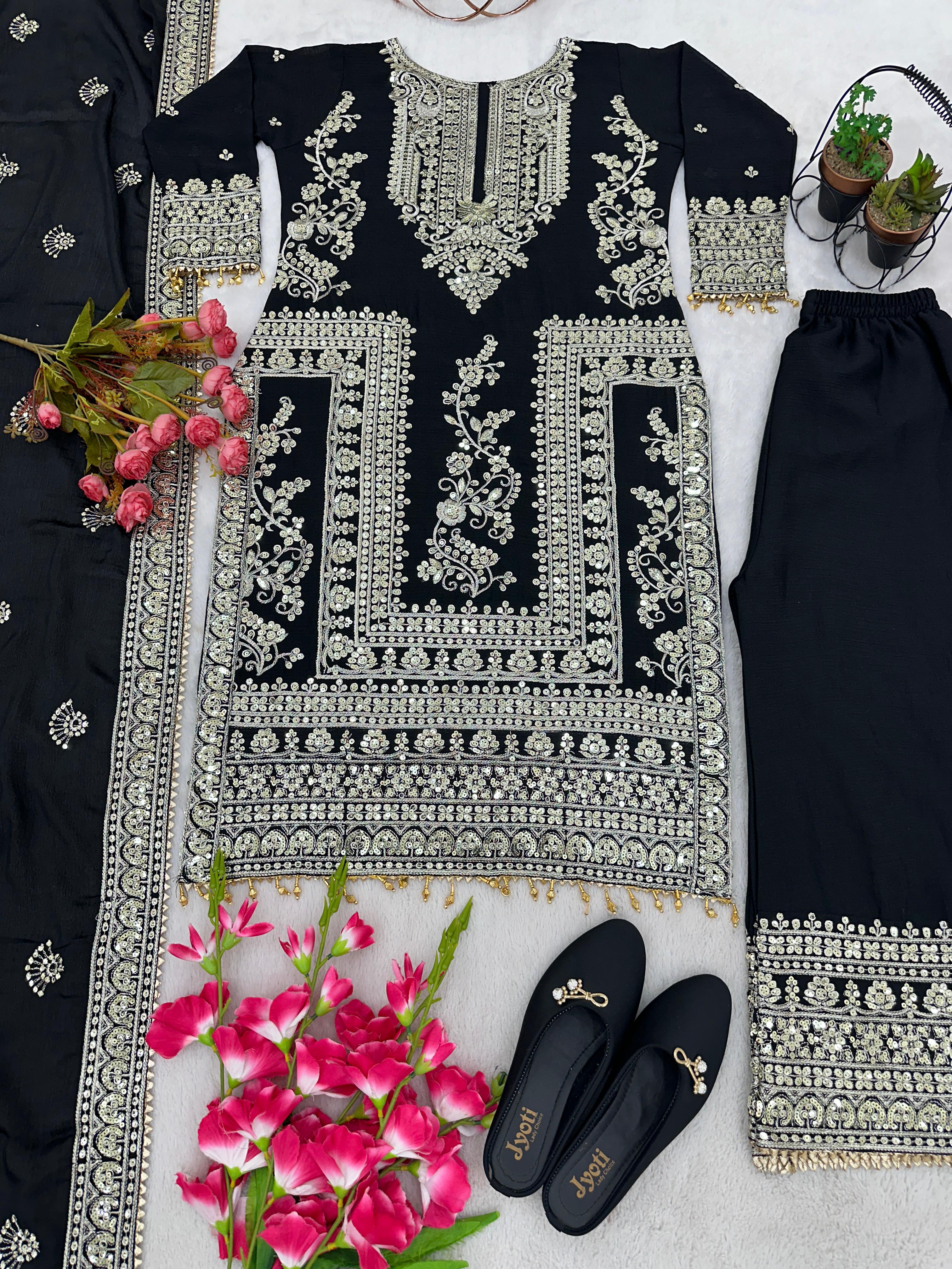 Awesome Black Color Embroidery Work Palazzo Suit