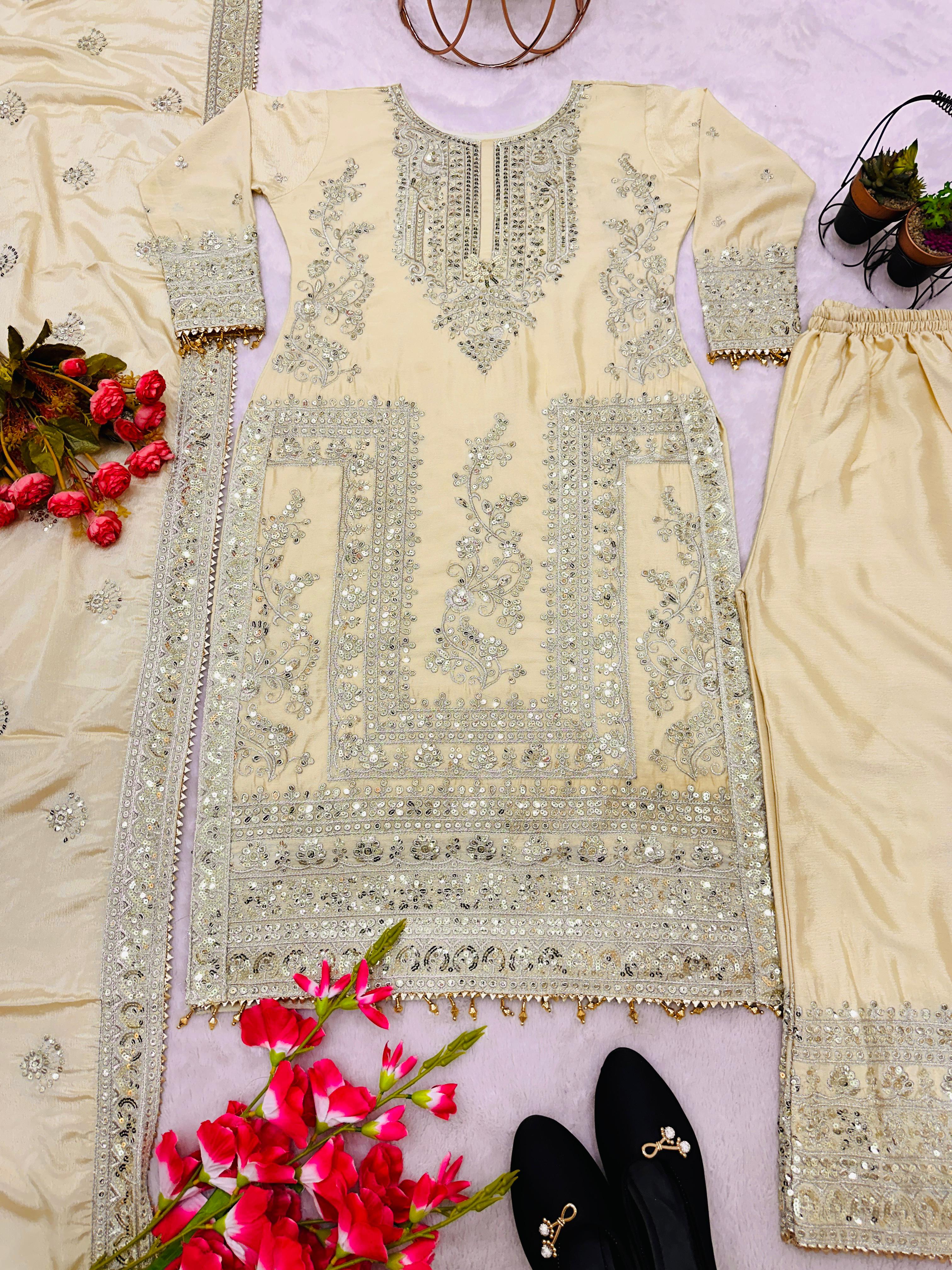 Awesome Cream Color Embroidery Work Palazzo Suit