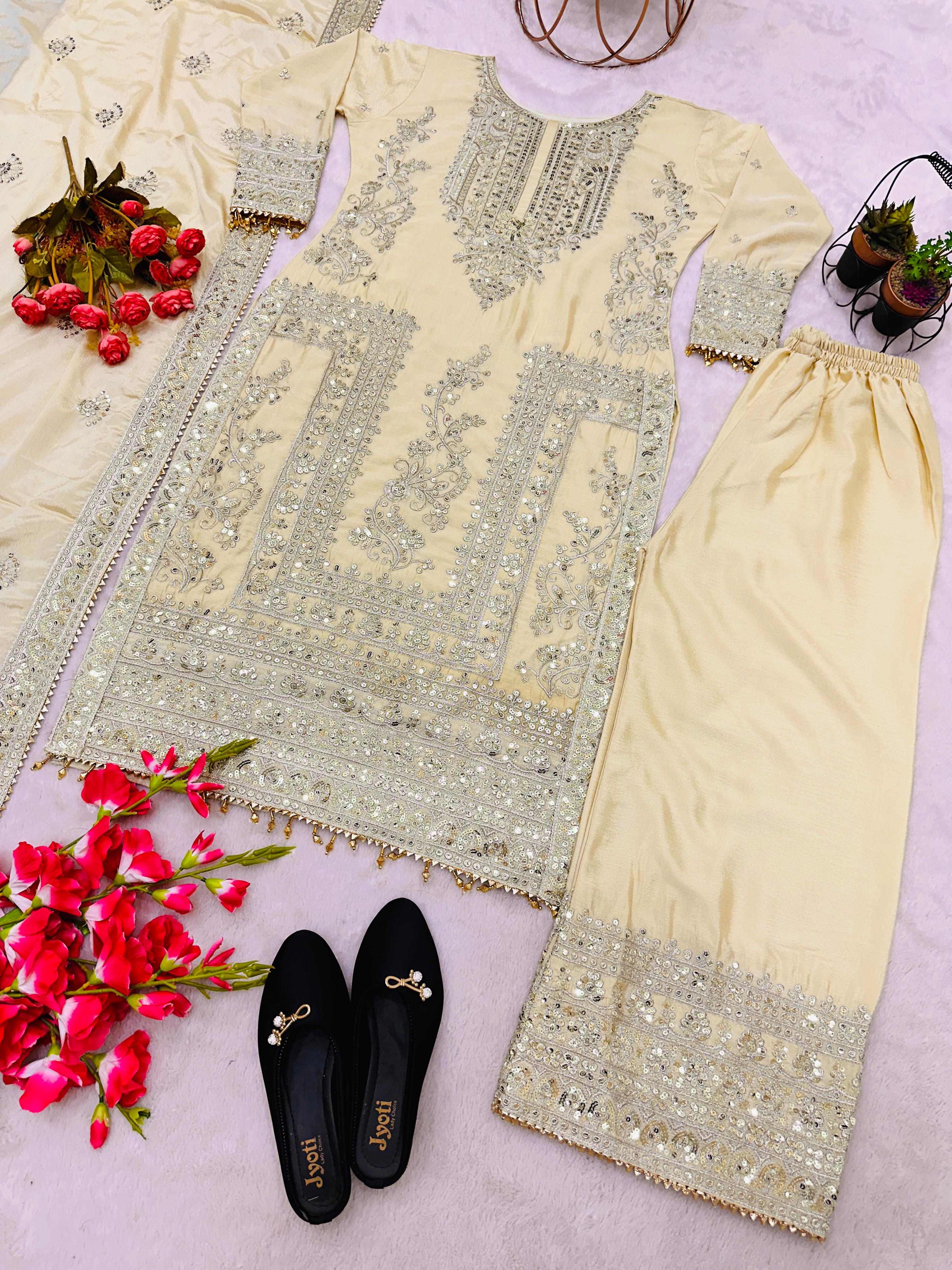 Awesome Cream Color Embroidery Work Palazzo Suit