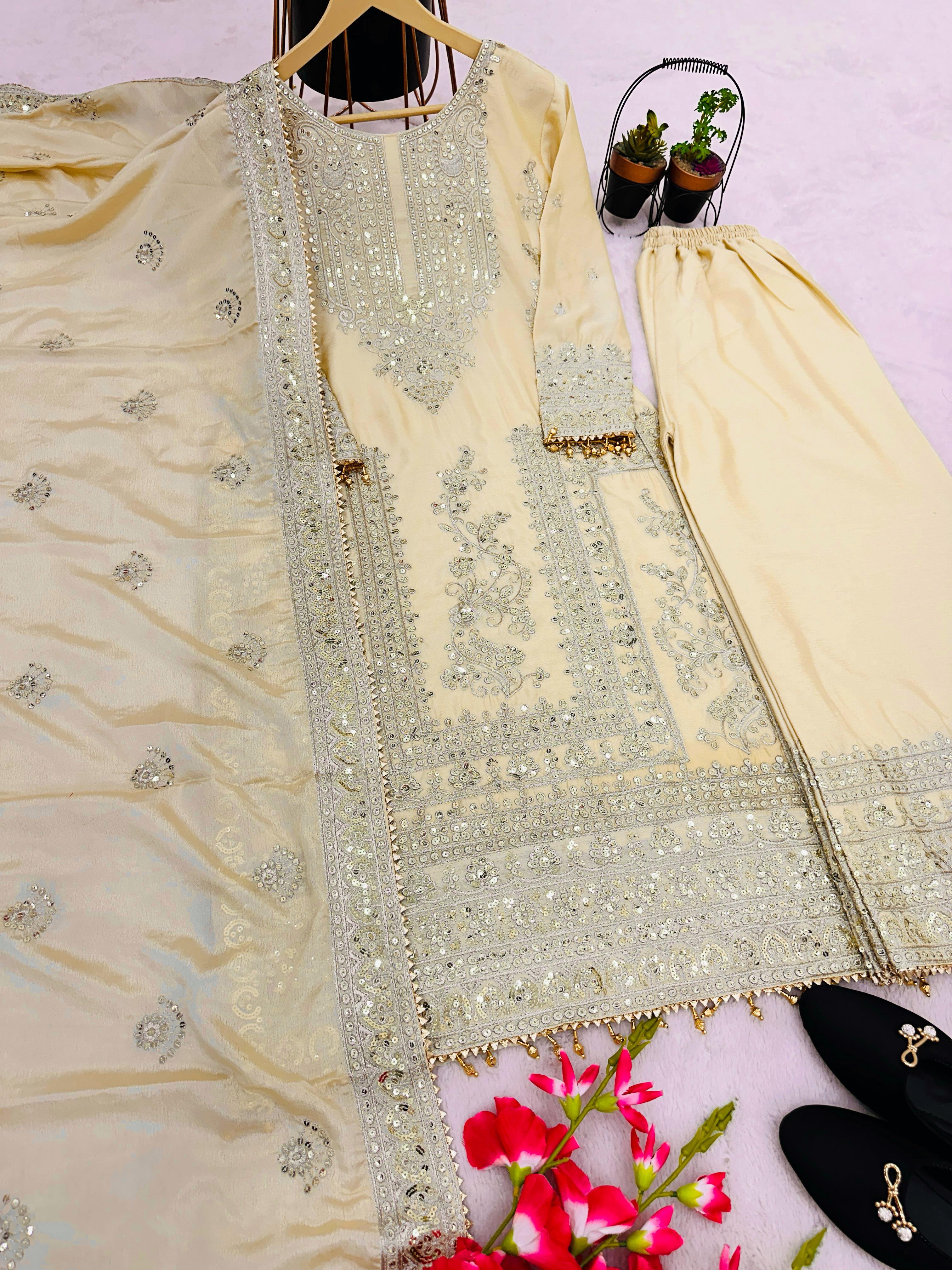 Awesome Cream Color Embroidery Work Palazzo Suit