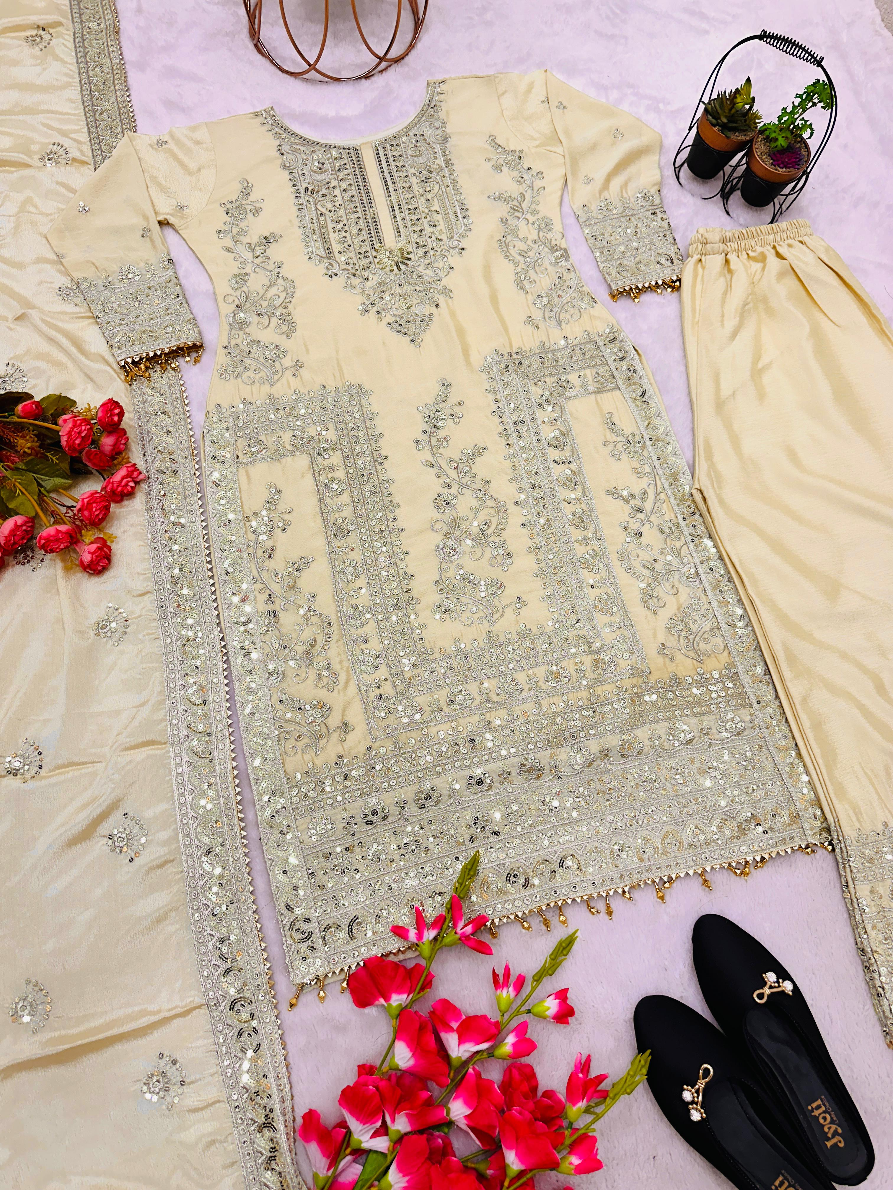 Awesome Cream Color Embroidery Work Palazzo Suit