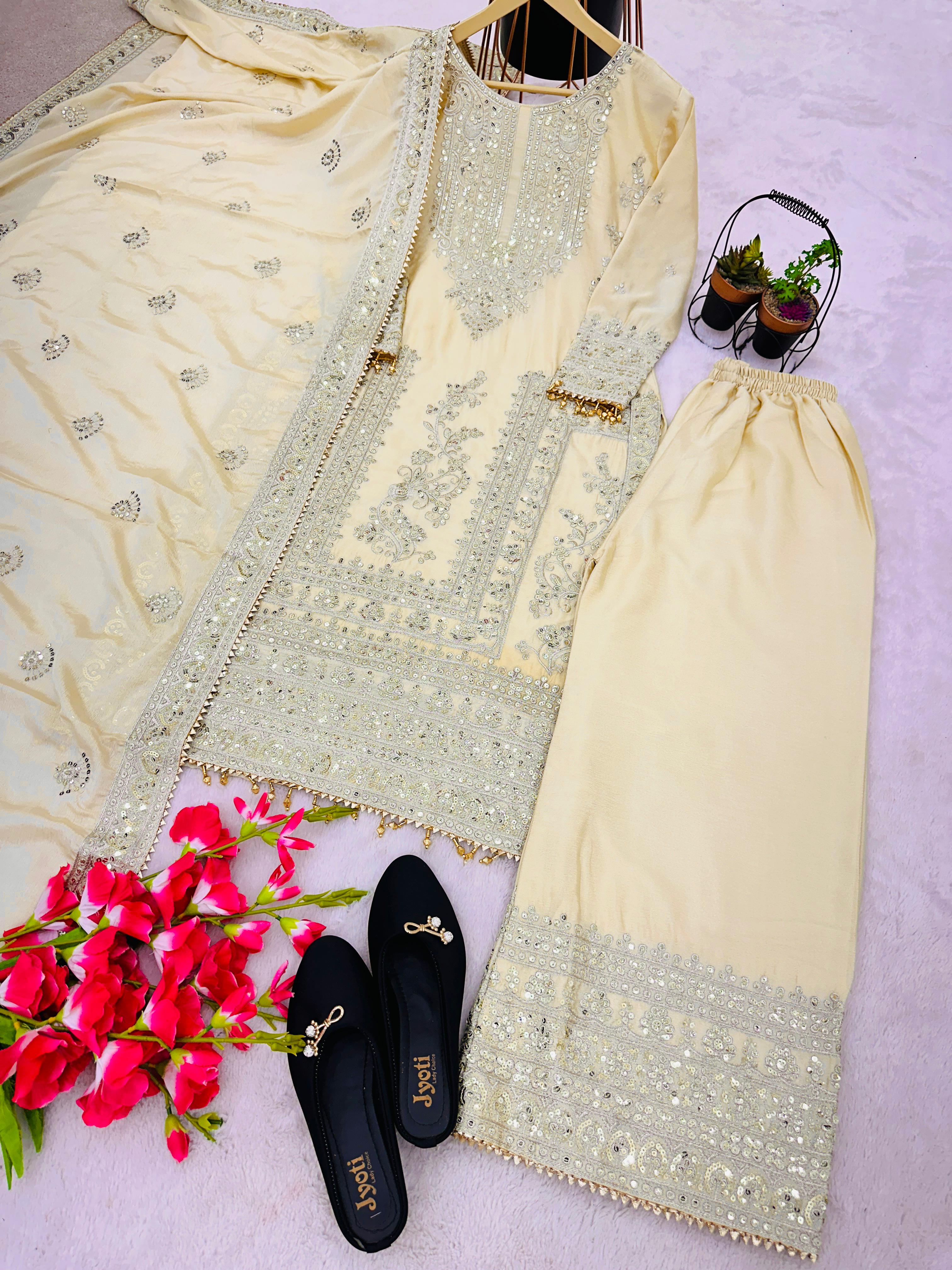 Awesome Cream Color Embroidery Work Palazzo Suit