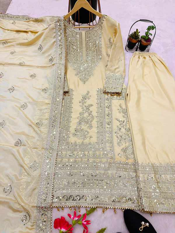 Awesome Cream Color Embroidery Work Palazzo Suit