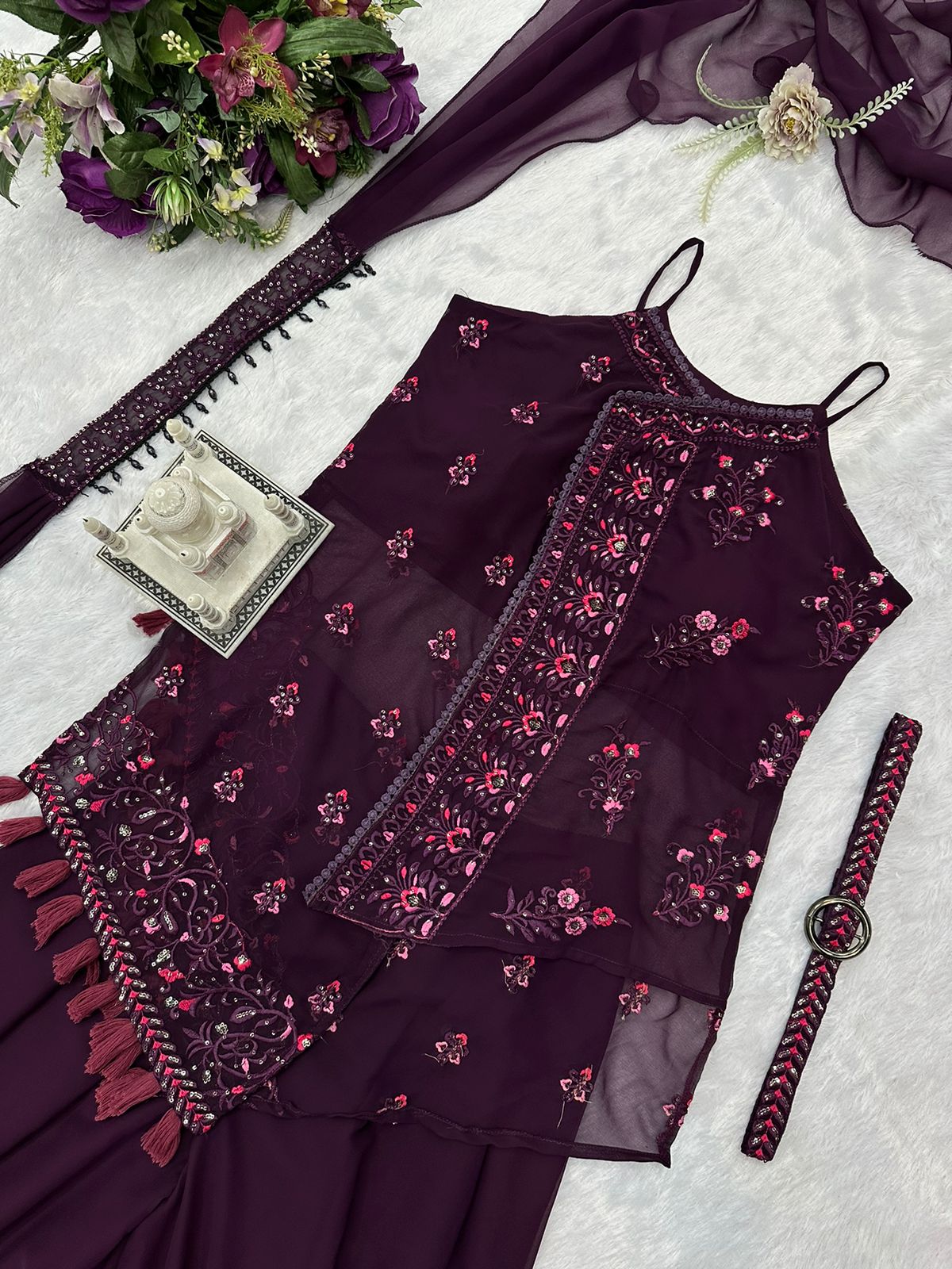 Fantastic Wine Color Embroidery Work Sharara Suit