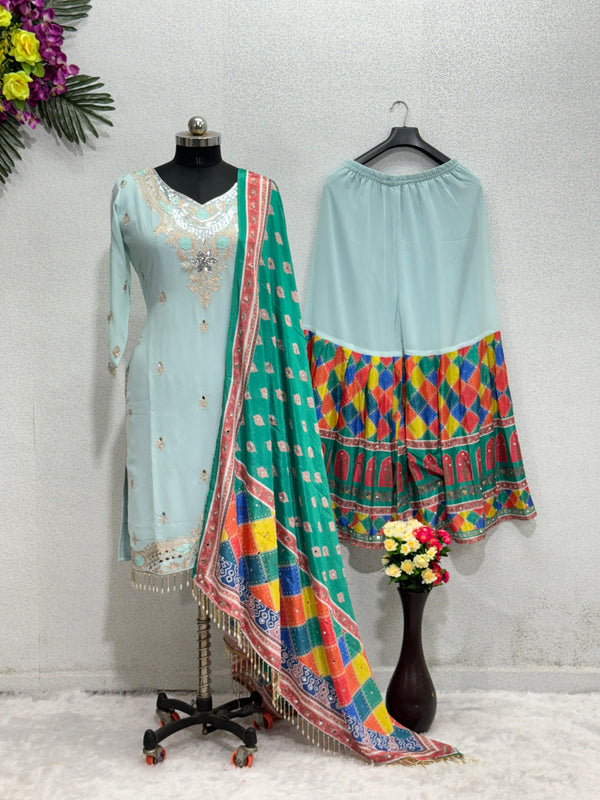 Sky Blue Sharara Suit With Printed Real Mirror Work Dupatta