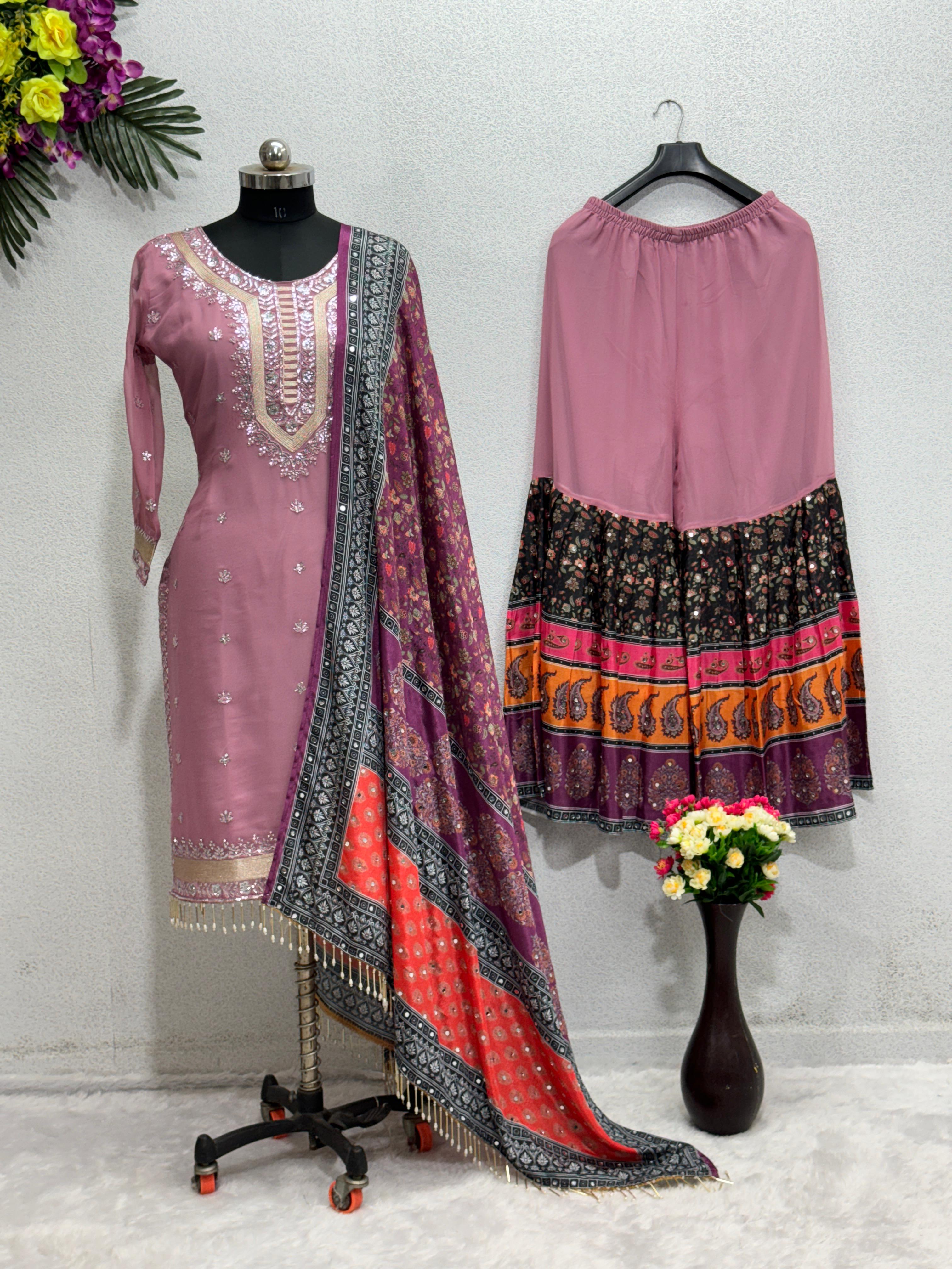 Dusty Pink Sharara Suit With Printed Real Mirror Work Dupatta