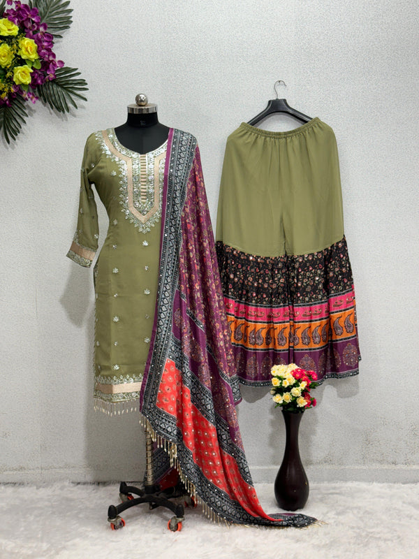 Mehndi Sharara Suit With Printed Real Mirror Work Dupatta