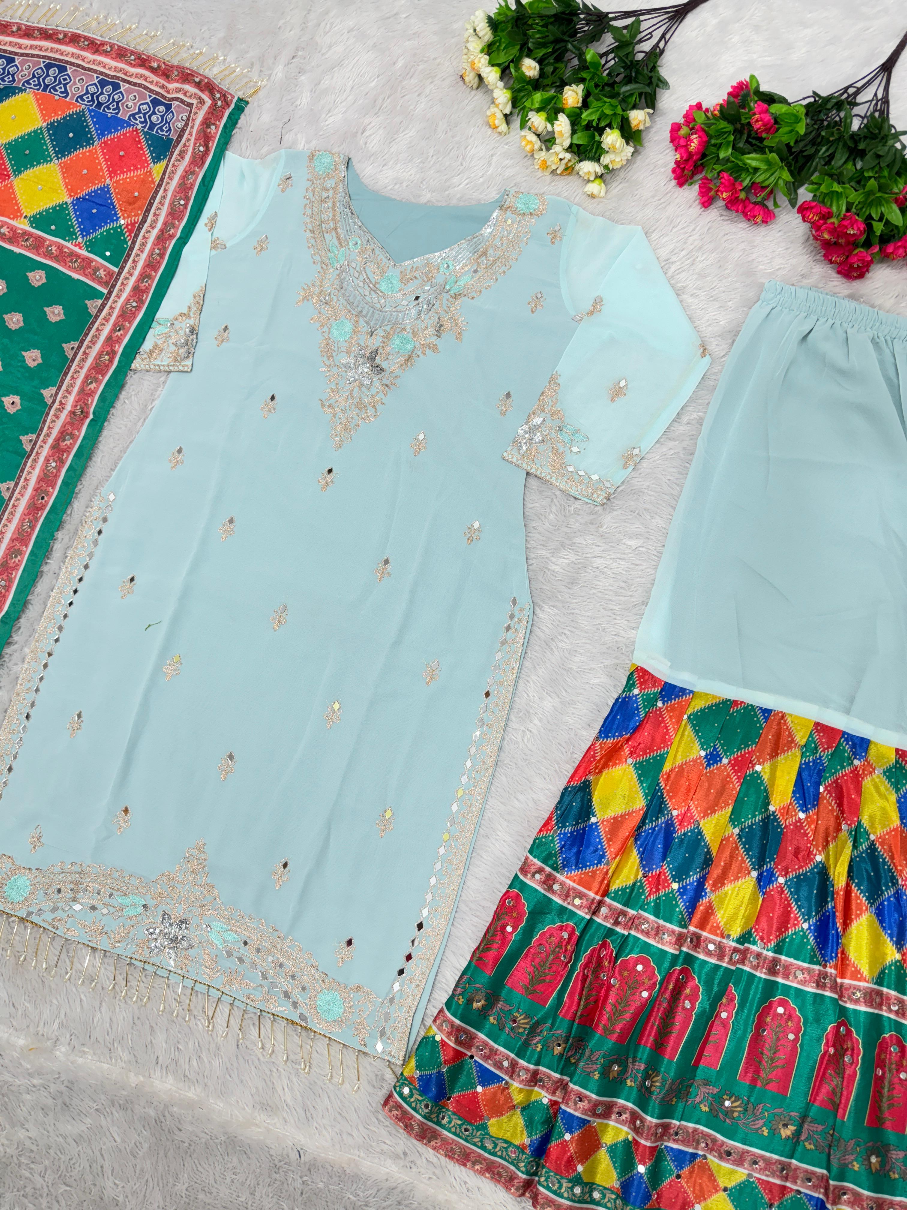 Sky Blue Sharara Suit With Printed Real Mirror Work Dupatta