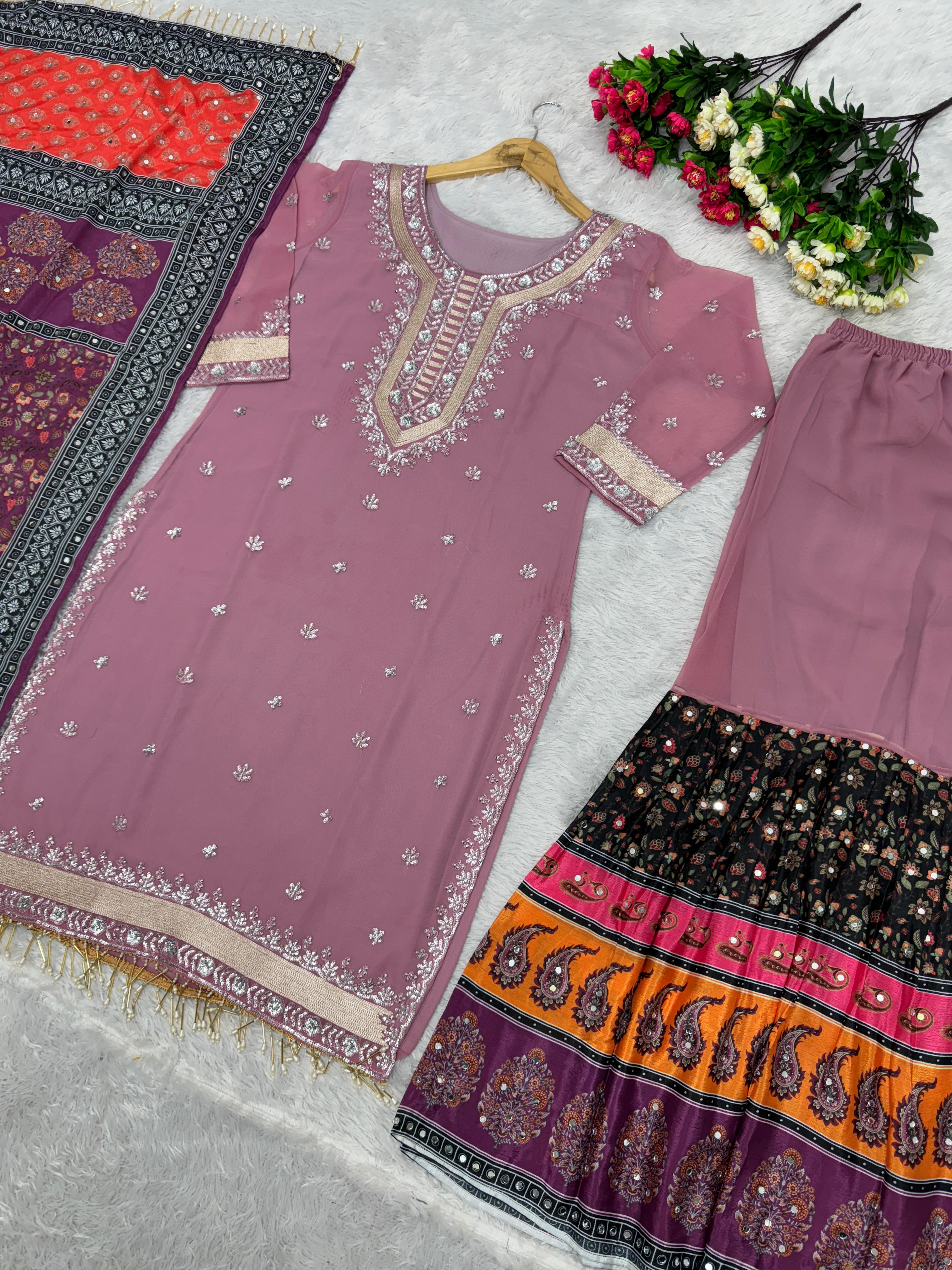 Dusty Pink Sharara Suit With Printed Real Mirror Work Dupatta