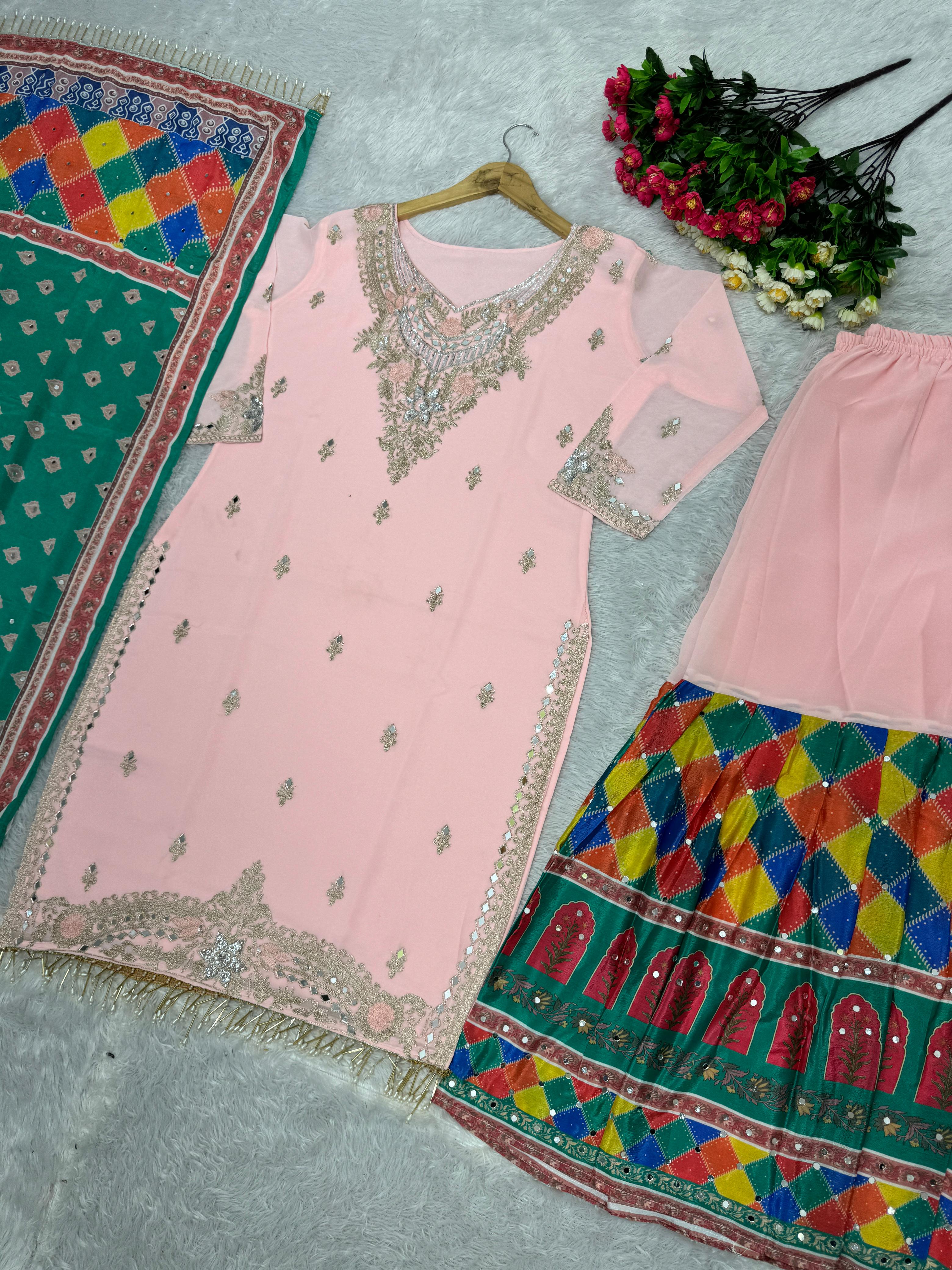 Peach Sharara Suit With Printed Real Mirror Work Dupatta