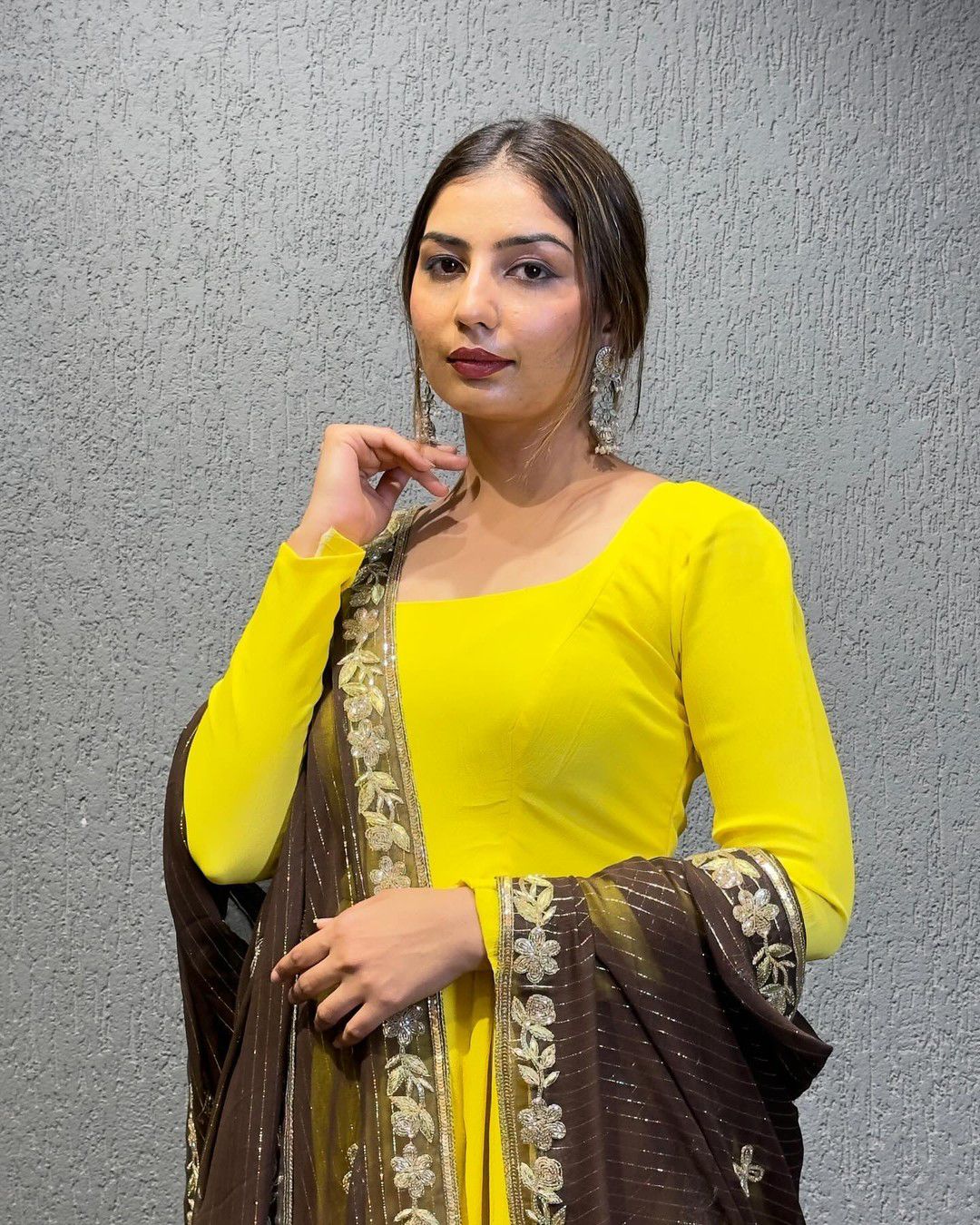 Opulent Yellow Color Dori Pattern Gown With Brown Dupatta