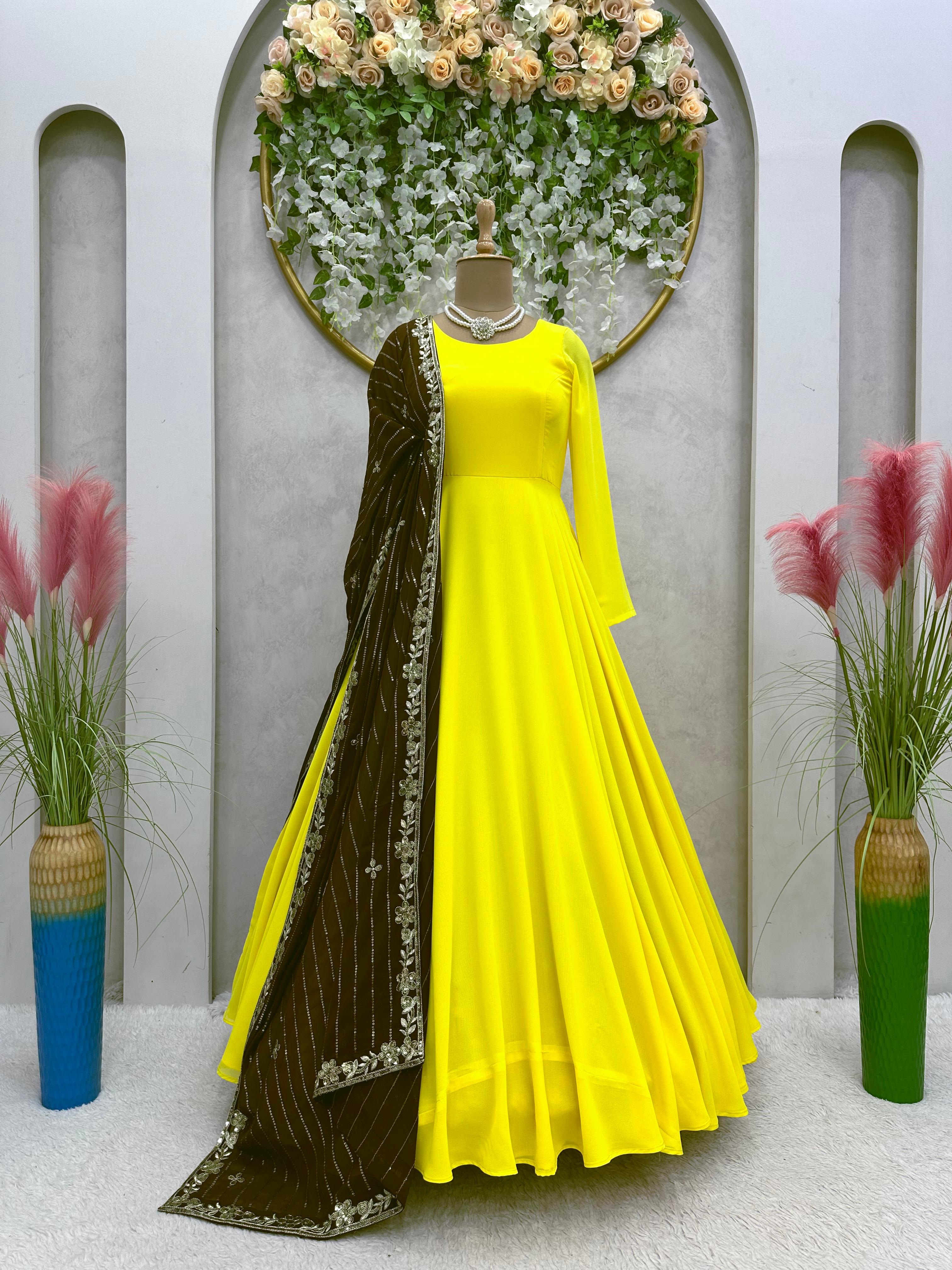 Opulent Yellow Color Dori Pattern Gown With Brown Dupatta
