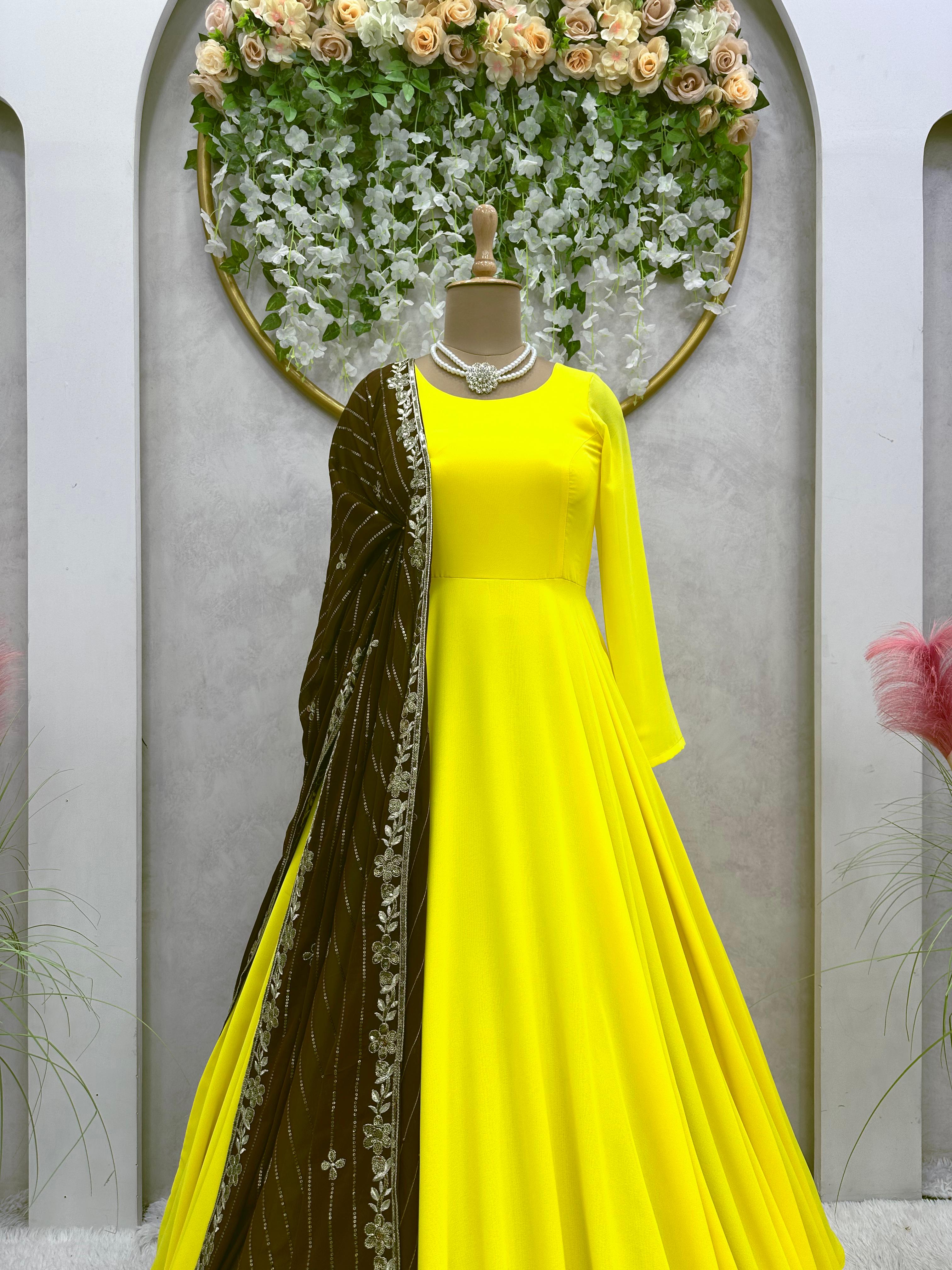 Opulent Yellow Color Dori Pattern Gown With Brown Dupatta