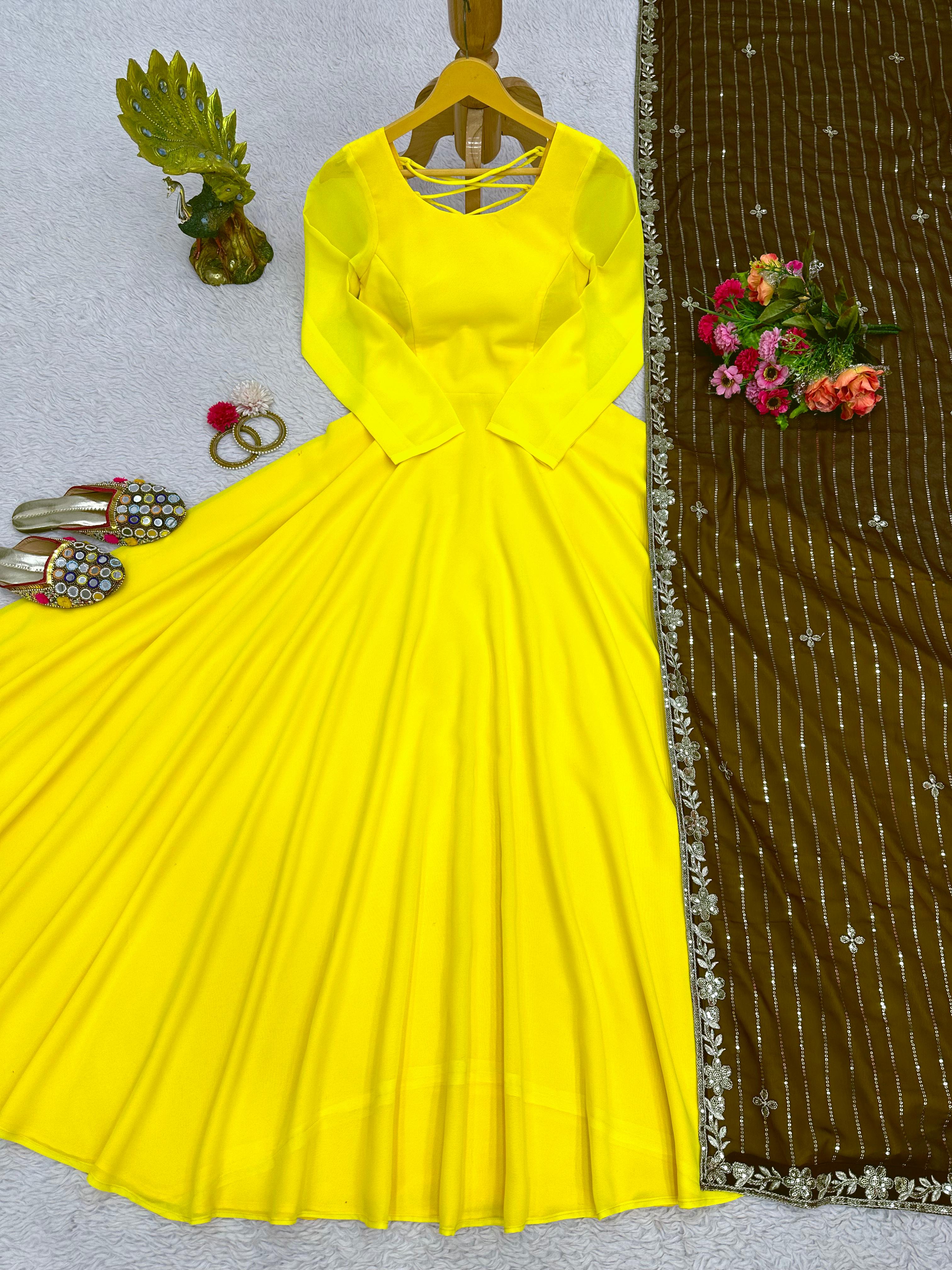 Opulent Yellow Color Dori Pattern Gown With Brown Dupatta