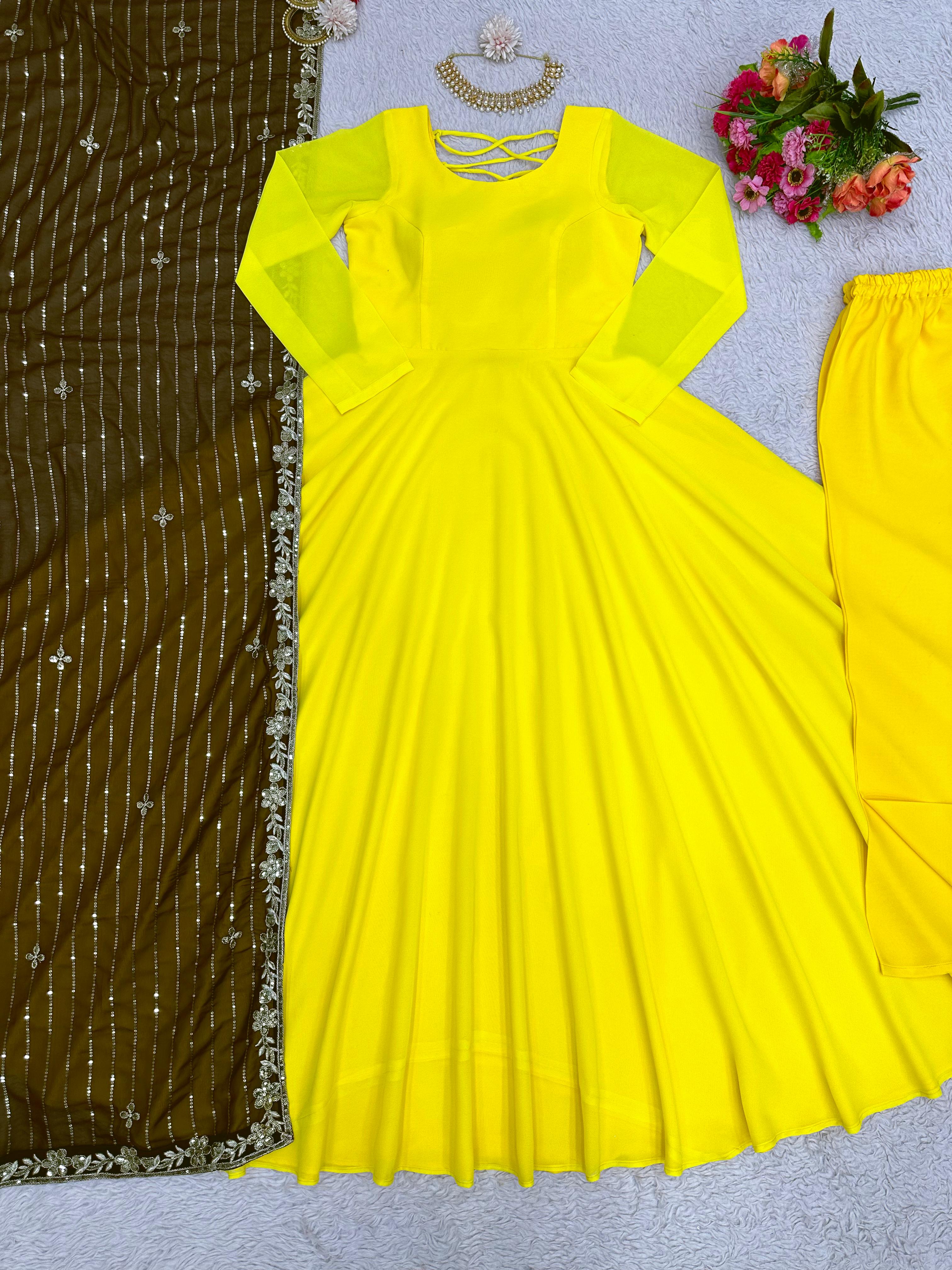 Opulent Yellow Color Dori Pattern Gown With Brown Dupatta