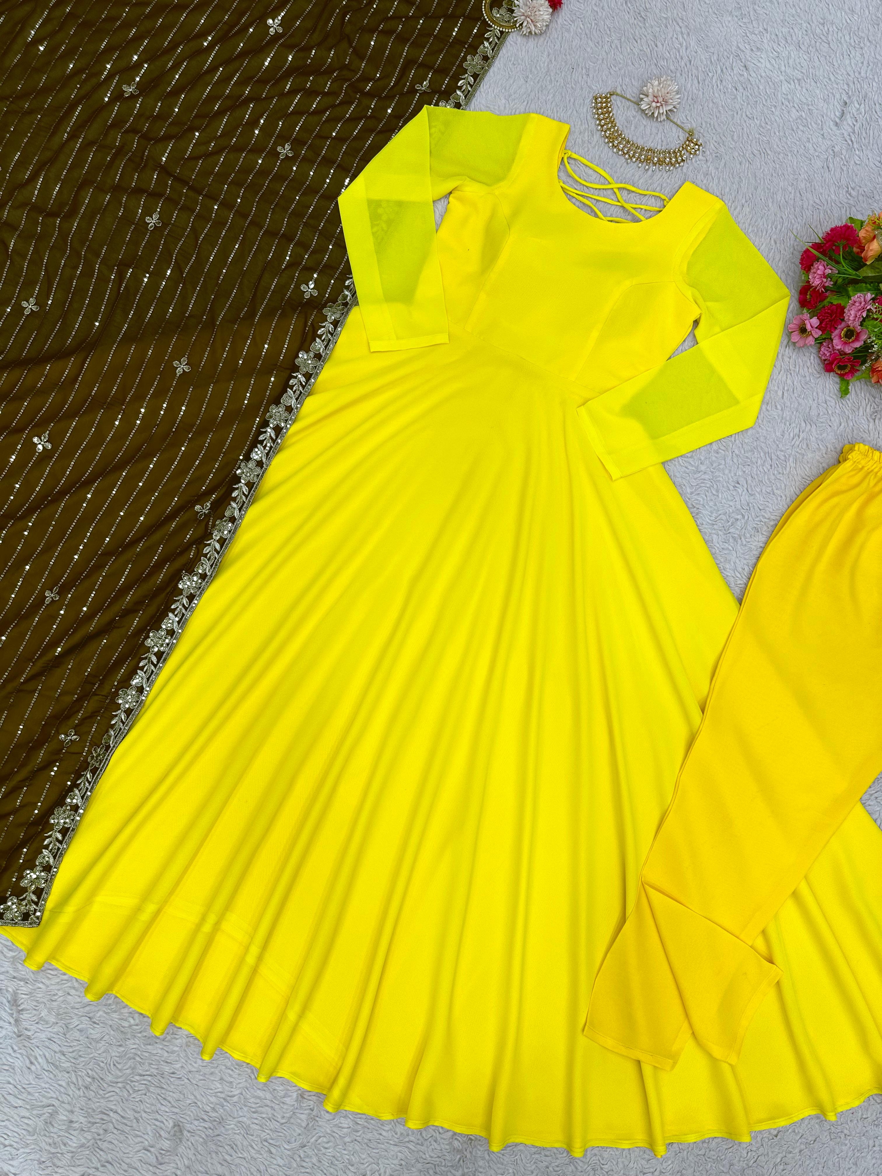 Opulent Yellow Color Dori Pattern Gown With Brown Dupatta