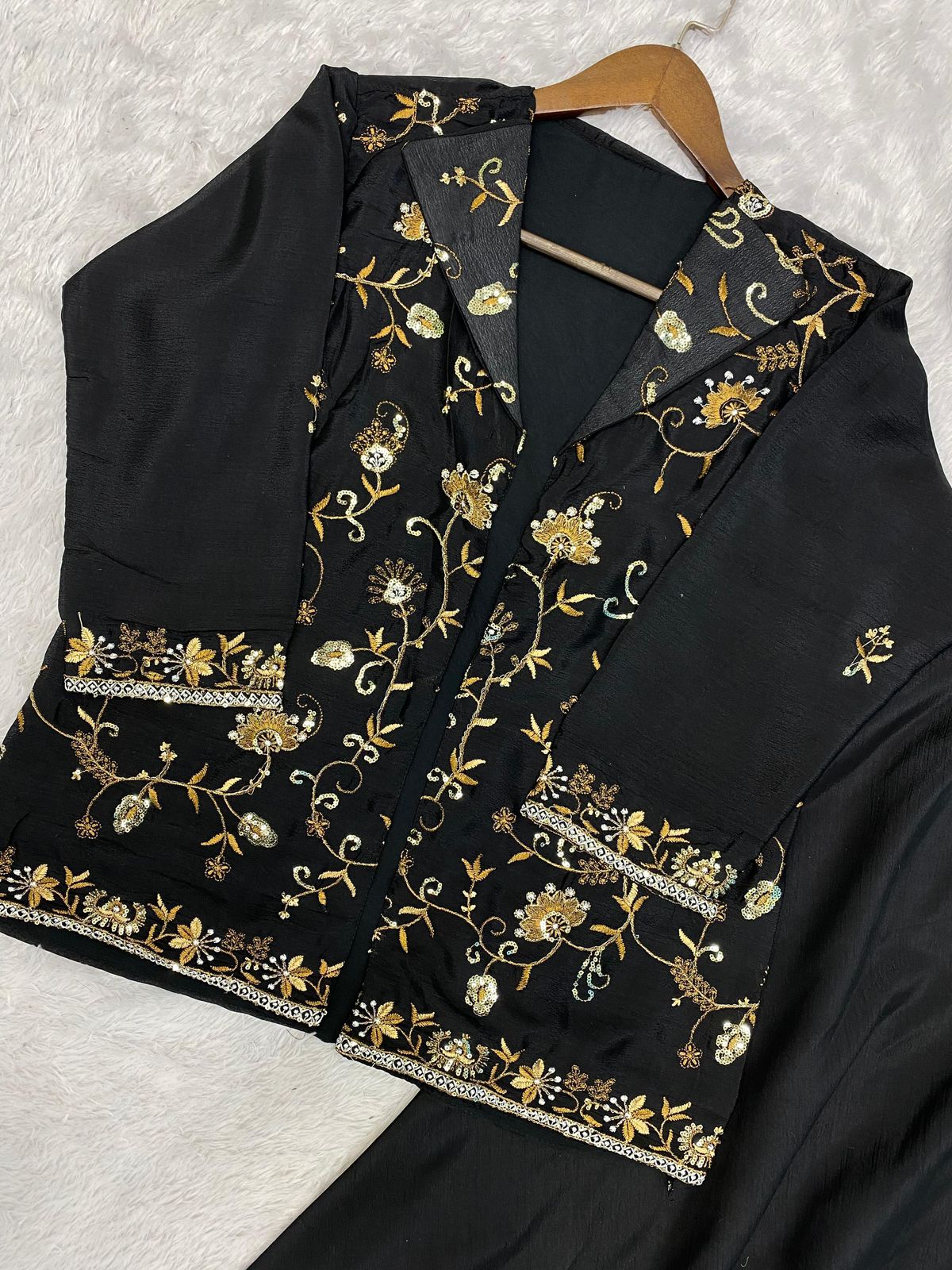 Pretty Embroidery Work Black Crop Top Palazzo And Jacket