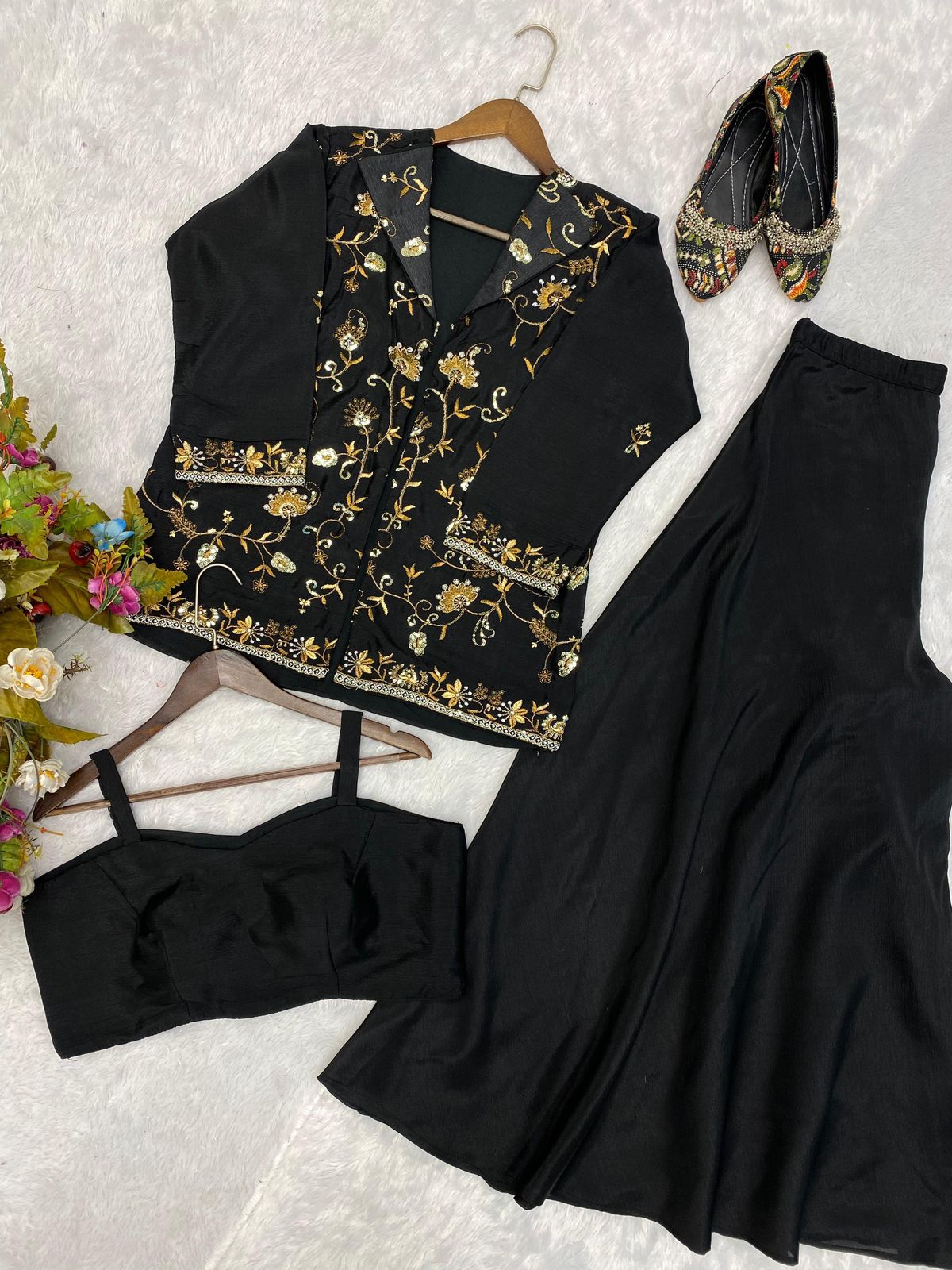 Pretty Embroidery Work Black Crop Top Palazzo And Jacket