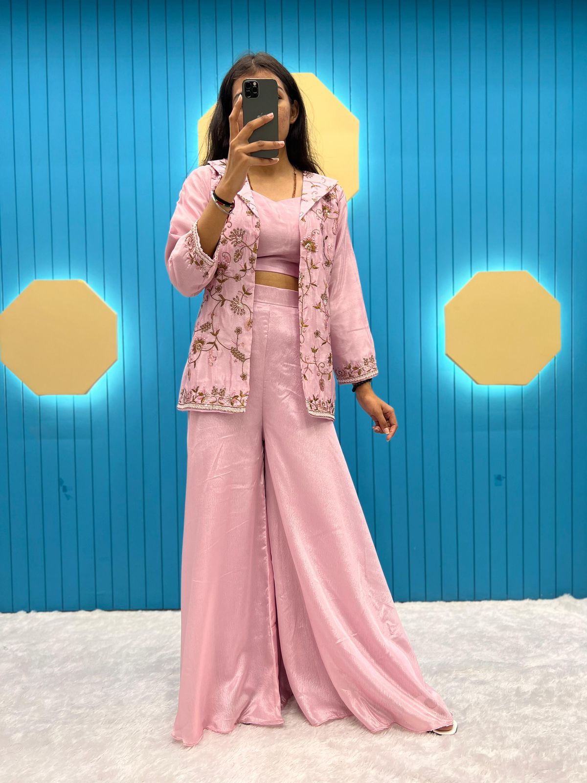 Pretty Embroidery Work Light Pink Crop Top Palazzo And Jacket