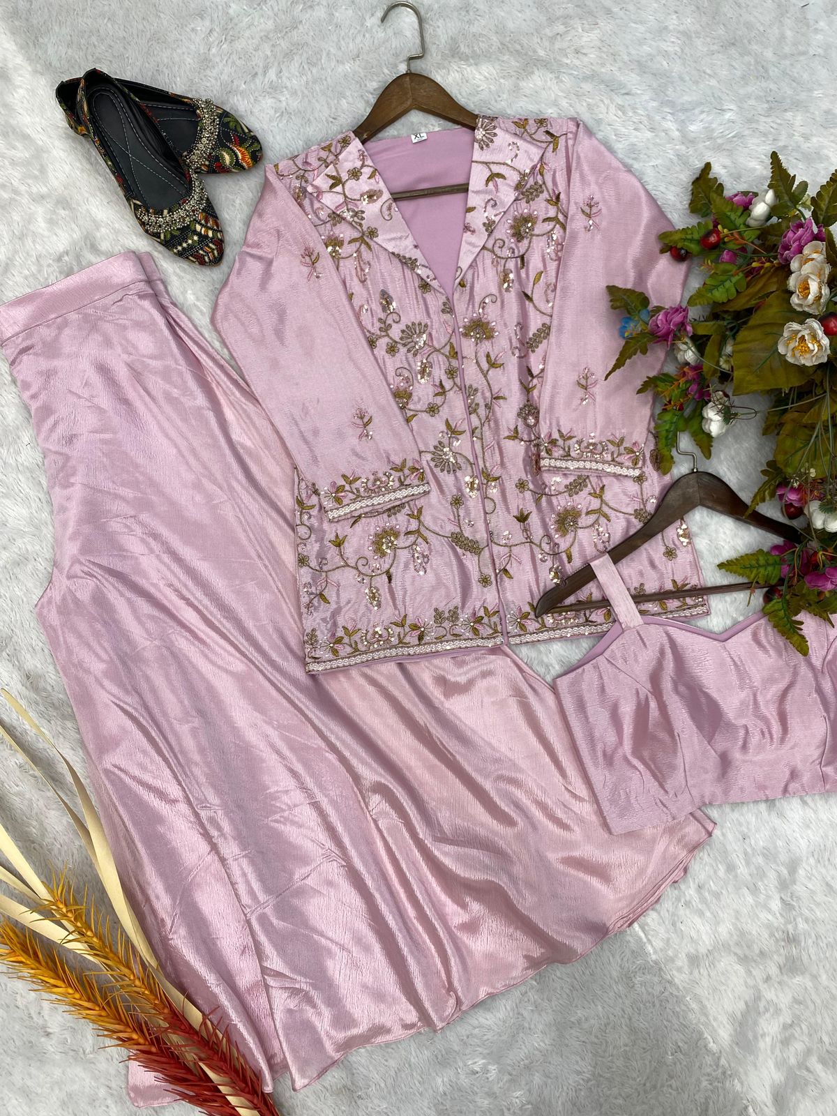 Pretty Embroidery Work Light Pink Crop Top Palazzo And Jacket