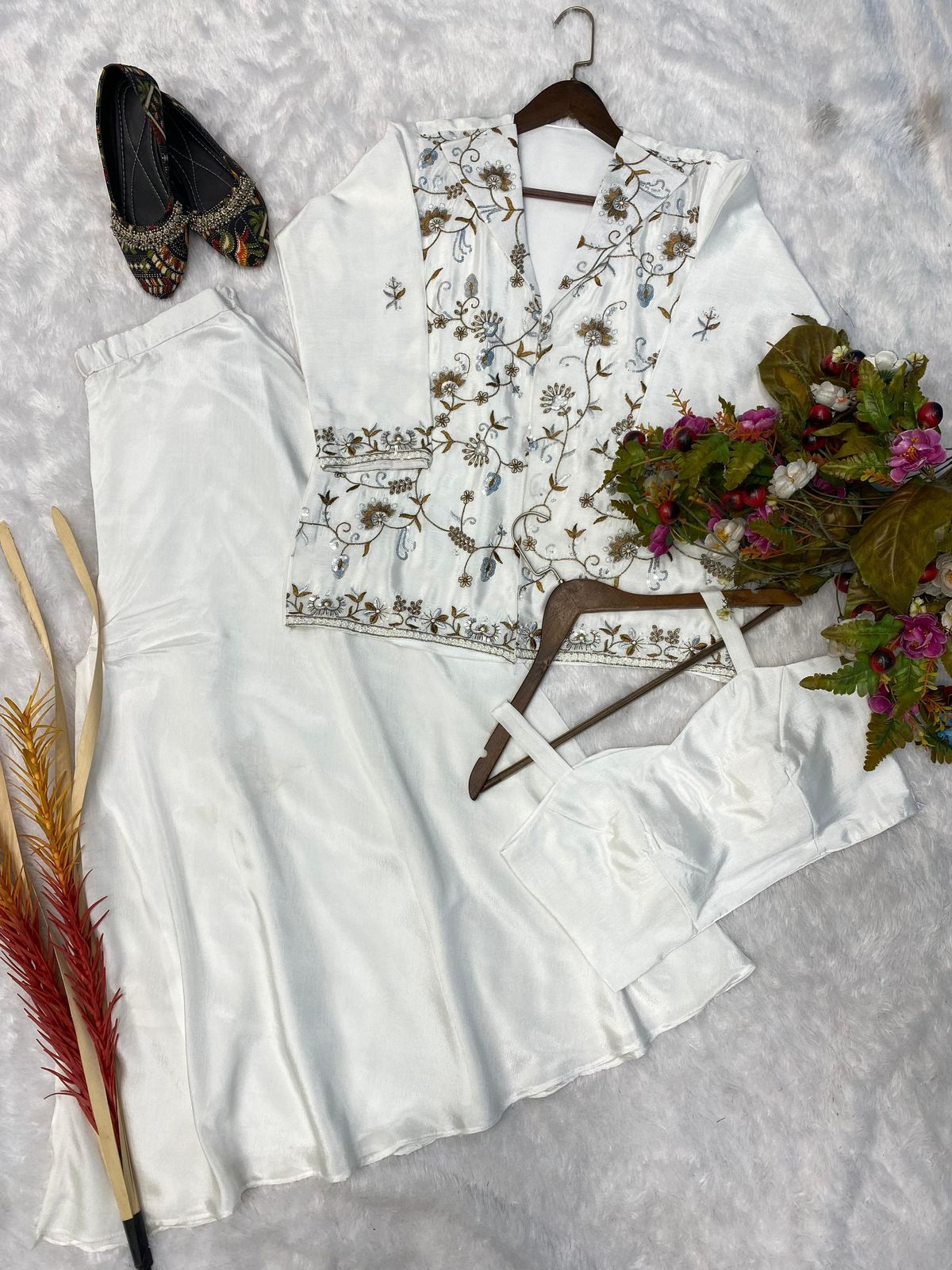 Pretty Embroidery Work White Crop Top Palazzo And Jacket