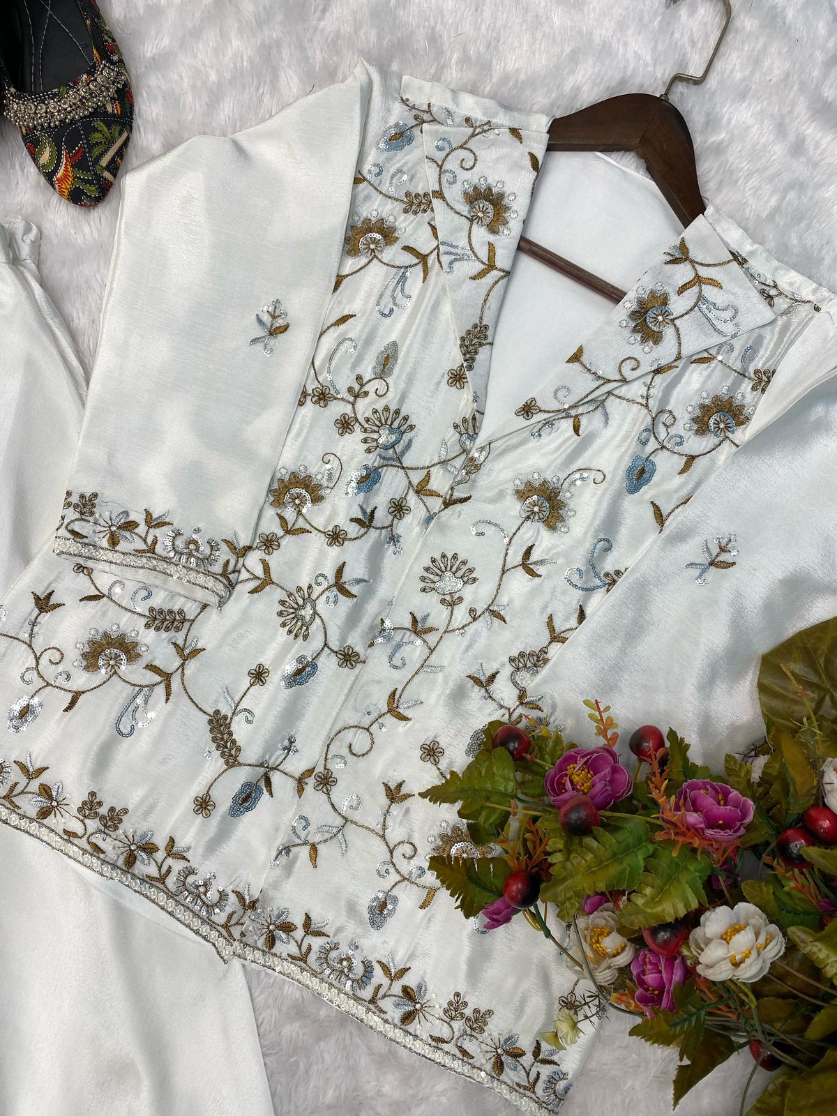 Pretty Embroidery Work White Crop Top Palazzo And Jacket