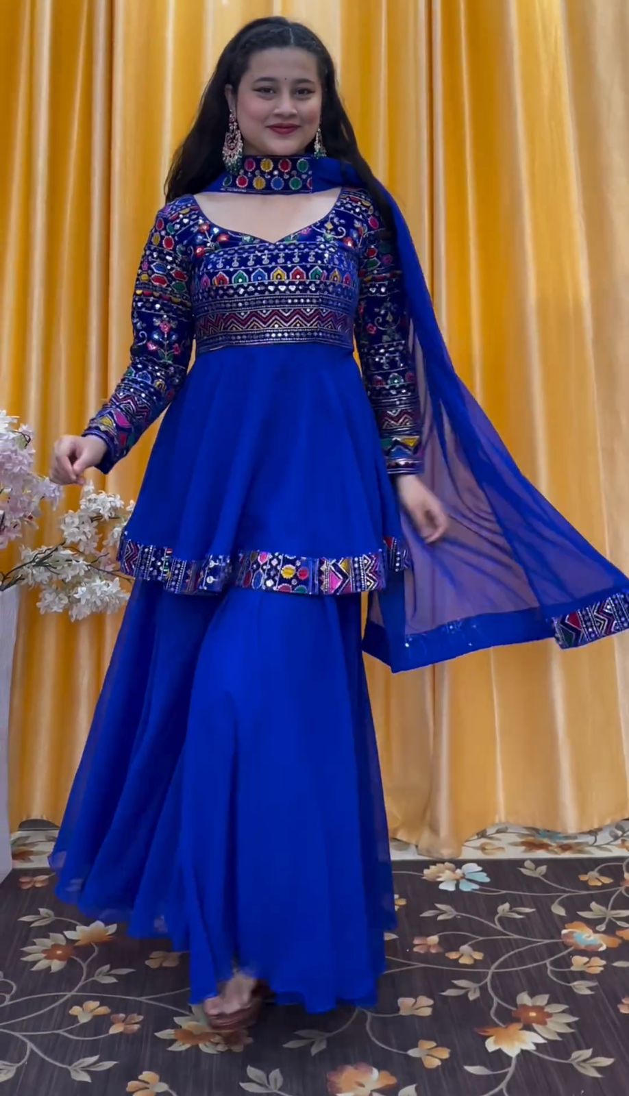 Multi Thread Sequence Work Blue Color Sharara Suit