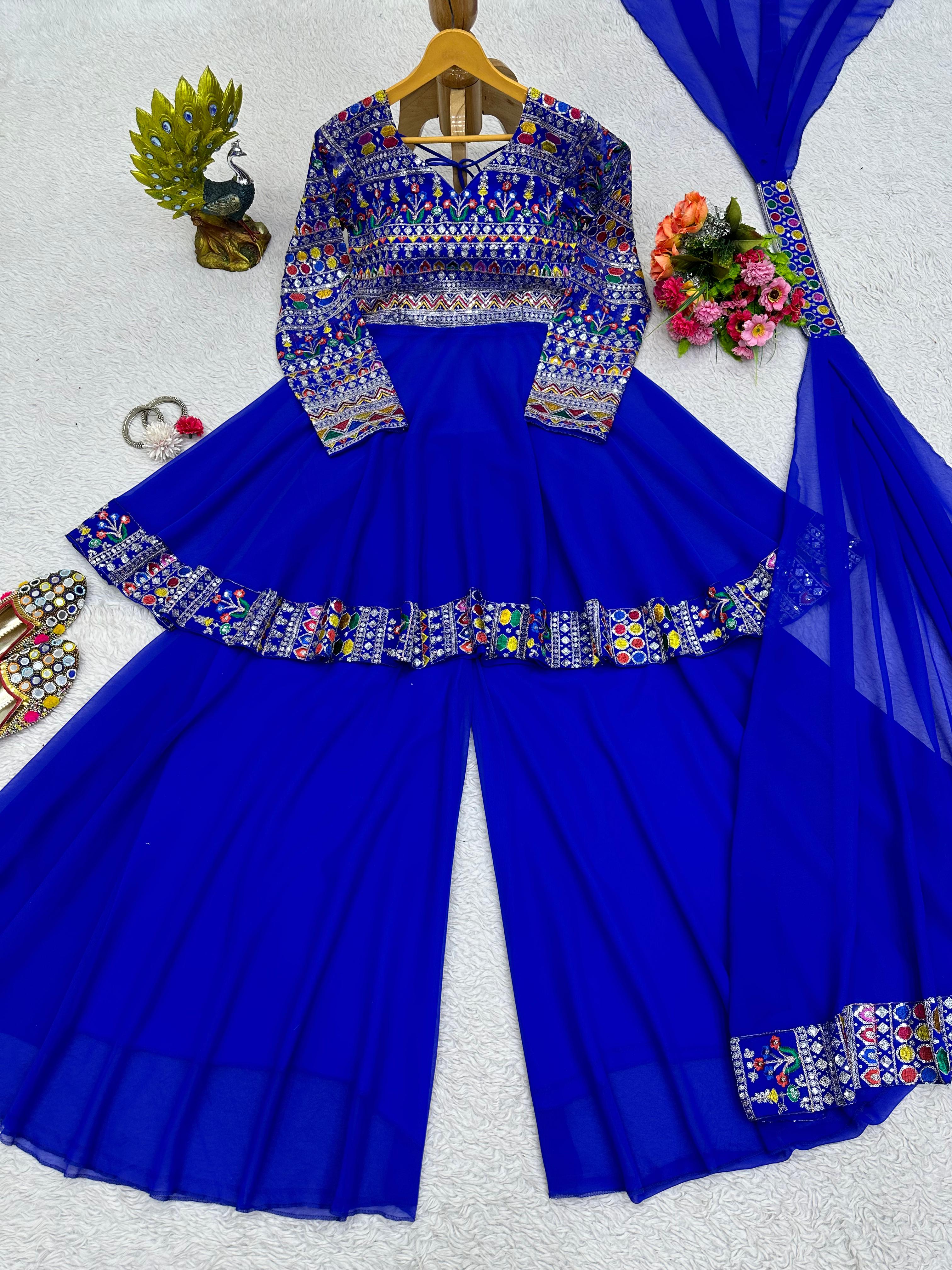 Multi Thread Sequence Work Blue Color Sharara Suit