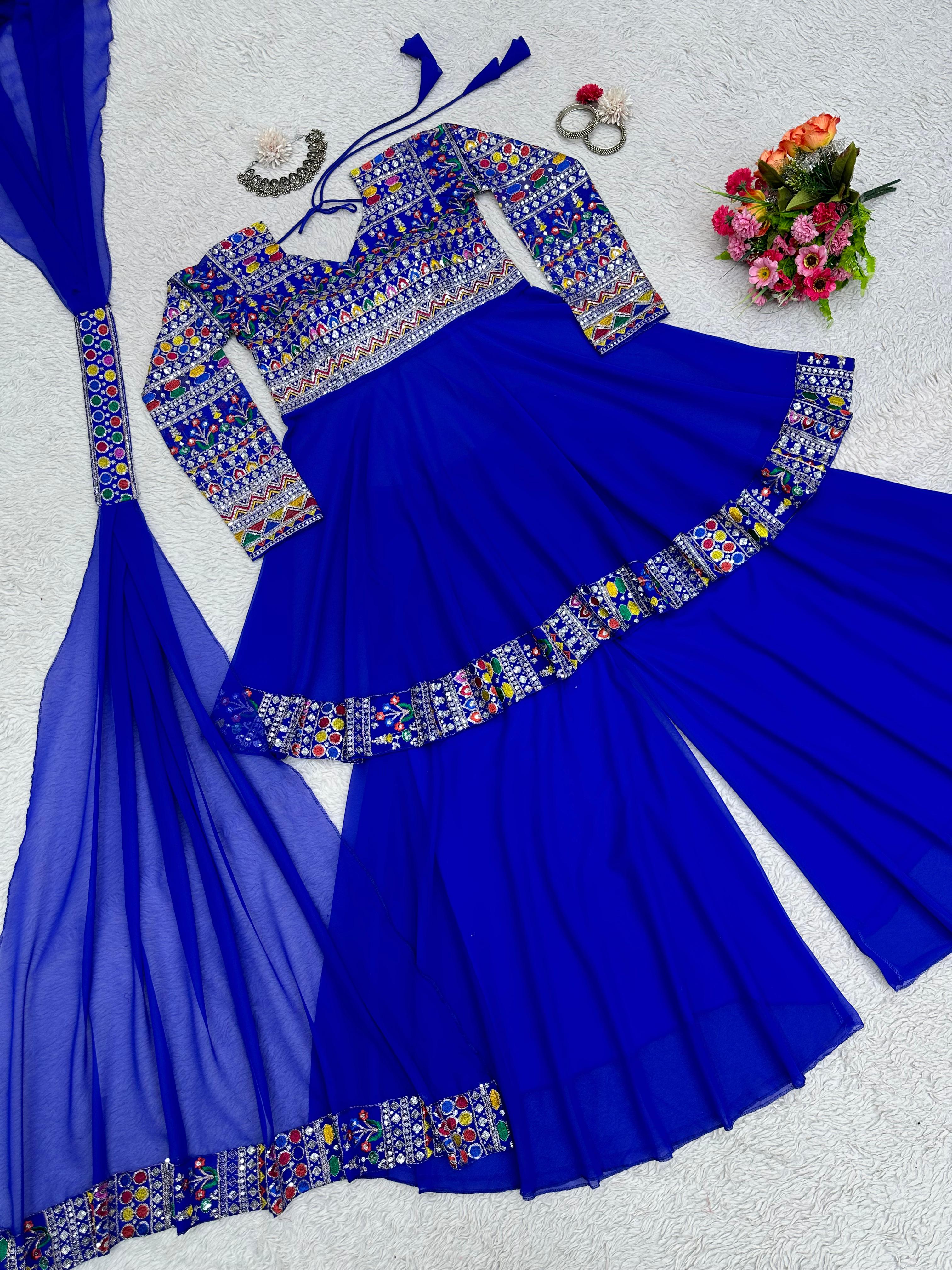 Multi Thread Sequence Work Blue Color Sharara Suit